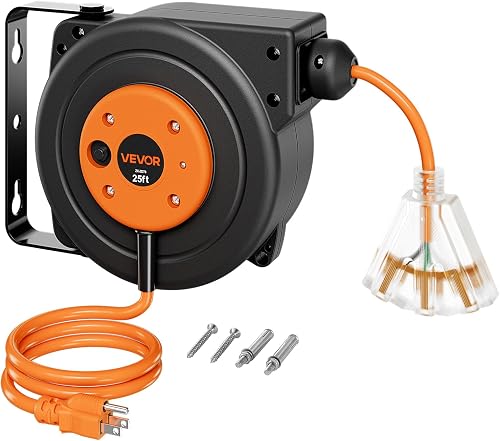 VEVOR Retractable Extension Cord Reel 25FT Heavy Duty 14AWG/3C SJTOW Orange