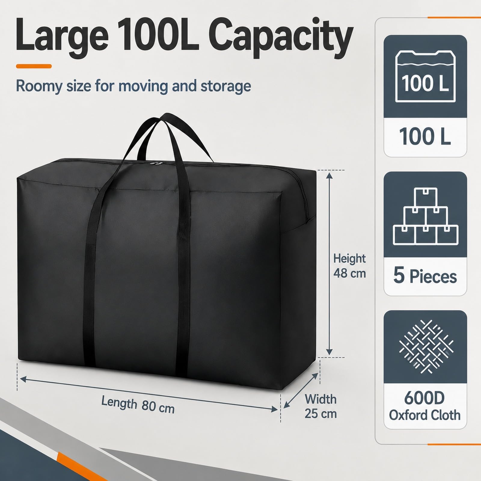 WOPPLXY 5 borse da viaggio, 80 x 47 x 28 cm, borsa portaoggetti in tessuto Oxford grigio per trasloco, viaggi, forniture per la casa, porta abiti