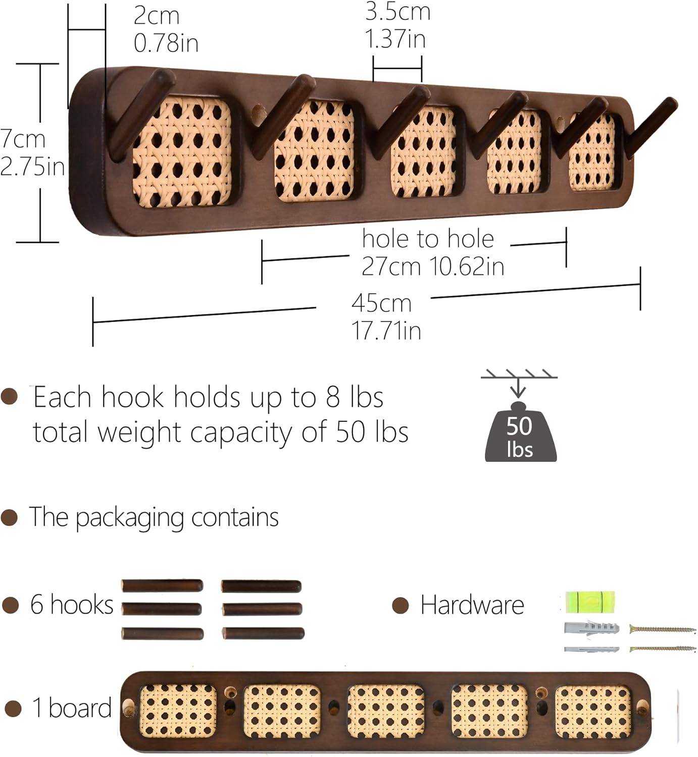 Coat Rack Wall Mount, Rattan Coat Hooks Hanger Wall Mounted, 6 Heavy Duty Bamboo Hooks Rack Rail for Hanging Clothes Hats Bags Robes Towels Plants, White (Walnut)
