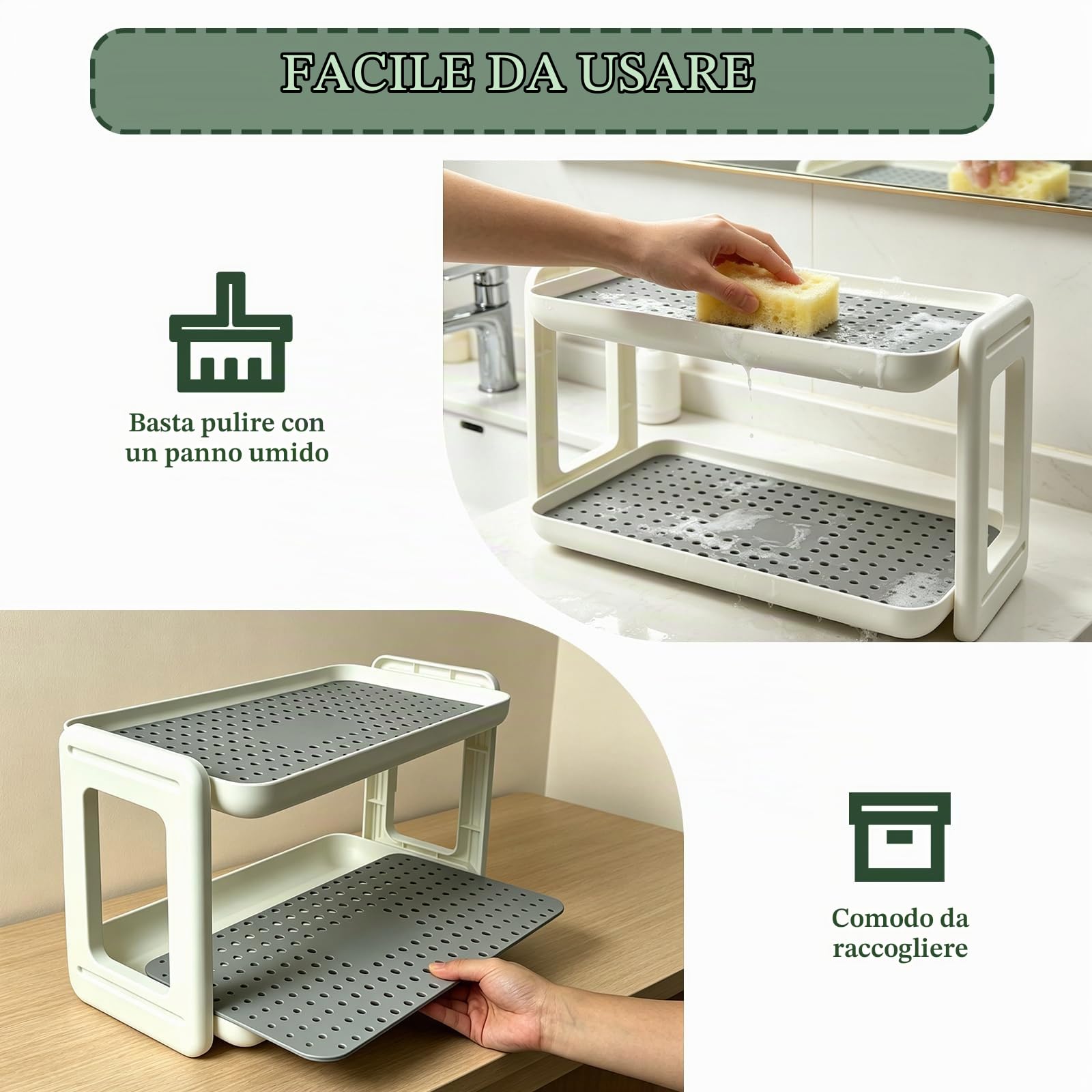 Porta Spezie per Cucina, Portaspezie Salvaspazio Cucina 2 Livelli in Plastica con Vaschetta Scolagocce, Portaspezie da Appoggio per Cucina Bagno Camera da Letto, Contenitore per Spezie e Tazze, Bianco