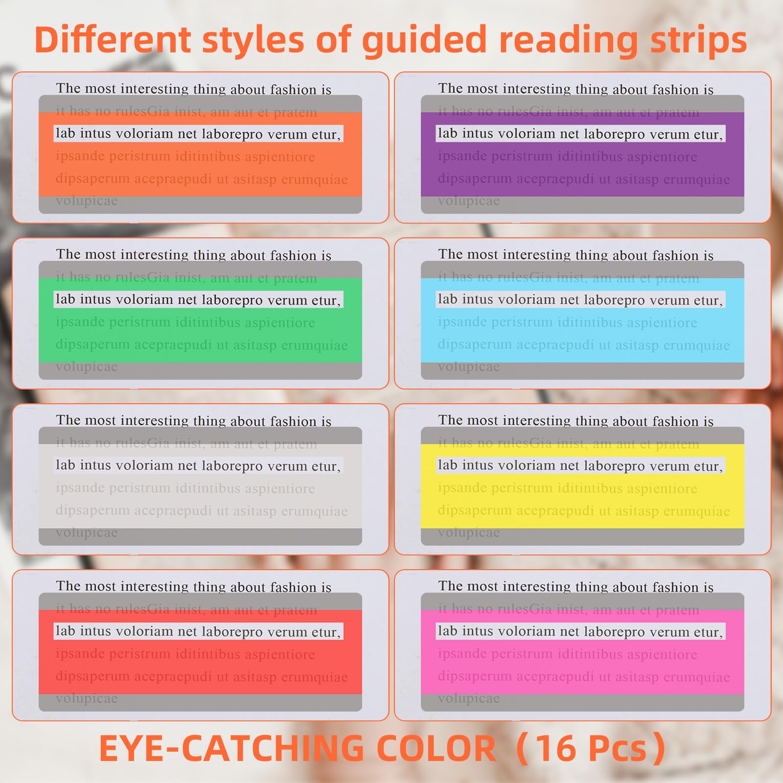 Oruola 16pcs Reading Overlays,Colour Overlays for Dyslexia,Reading Window Rulers Guided Strips Highlight Strips for Children and Adults,8 Colors - Image 3