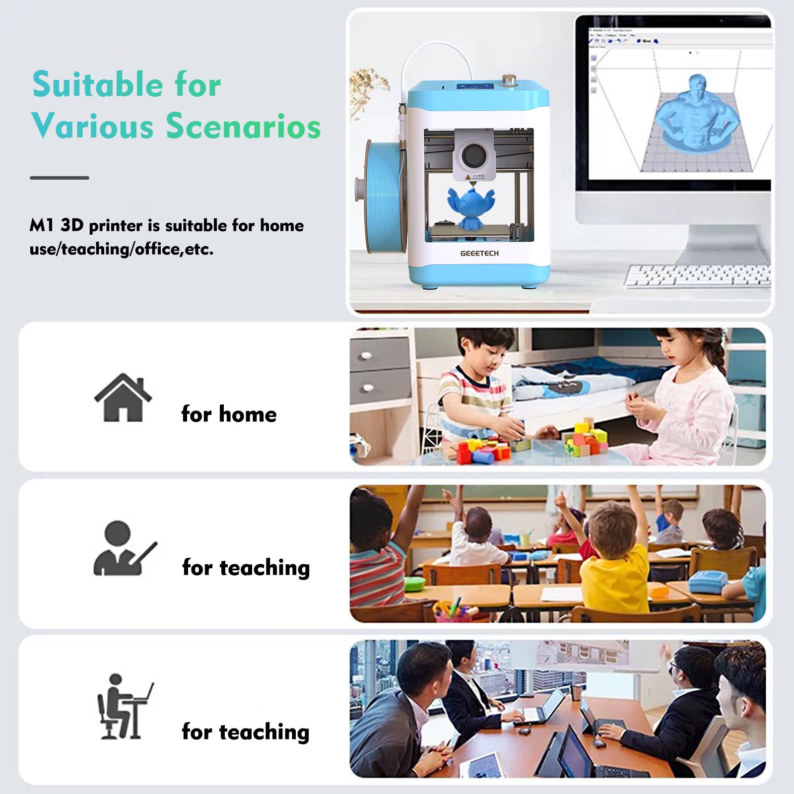 Stampante 3D per bambini e principianti, mini stampanti 3D Geeetech con livellamento automatico, ad alta velocità e completamente open source, estrusore a trasmissione diretta completamente assemblato