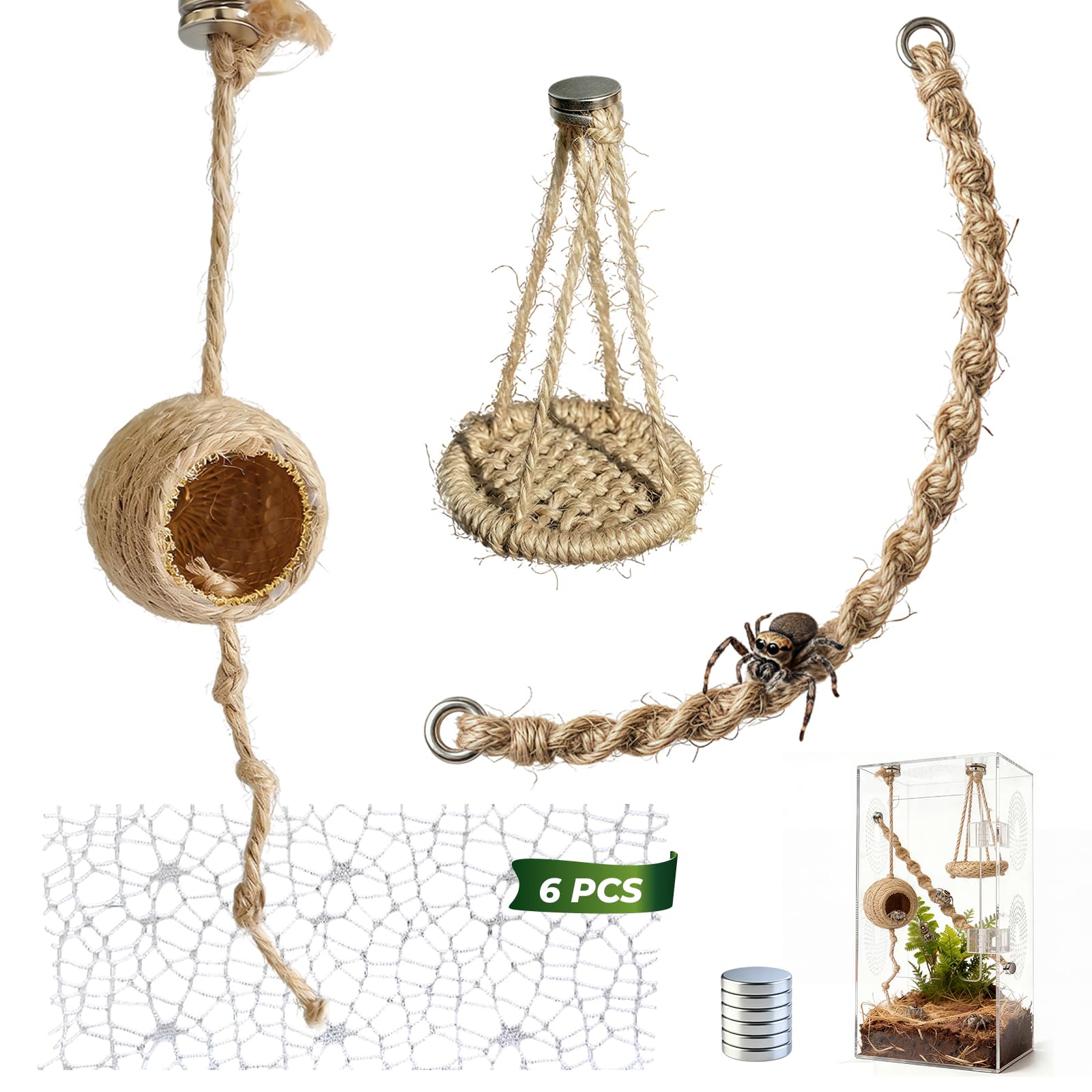 15 Stück Magnetisches Springspinnen Zubehör Set,Jute Vertikale Hängematten & Aufhängbare,Nest aus Natürlichem Hanfseil 6 Moosband,Kletterschaukel Erkunden Klettern (Nicht enthalten Terrarium)