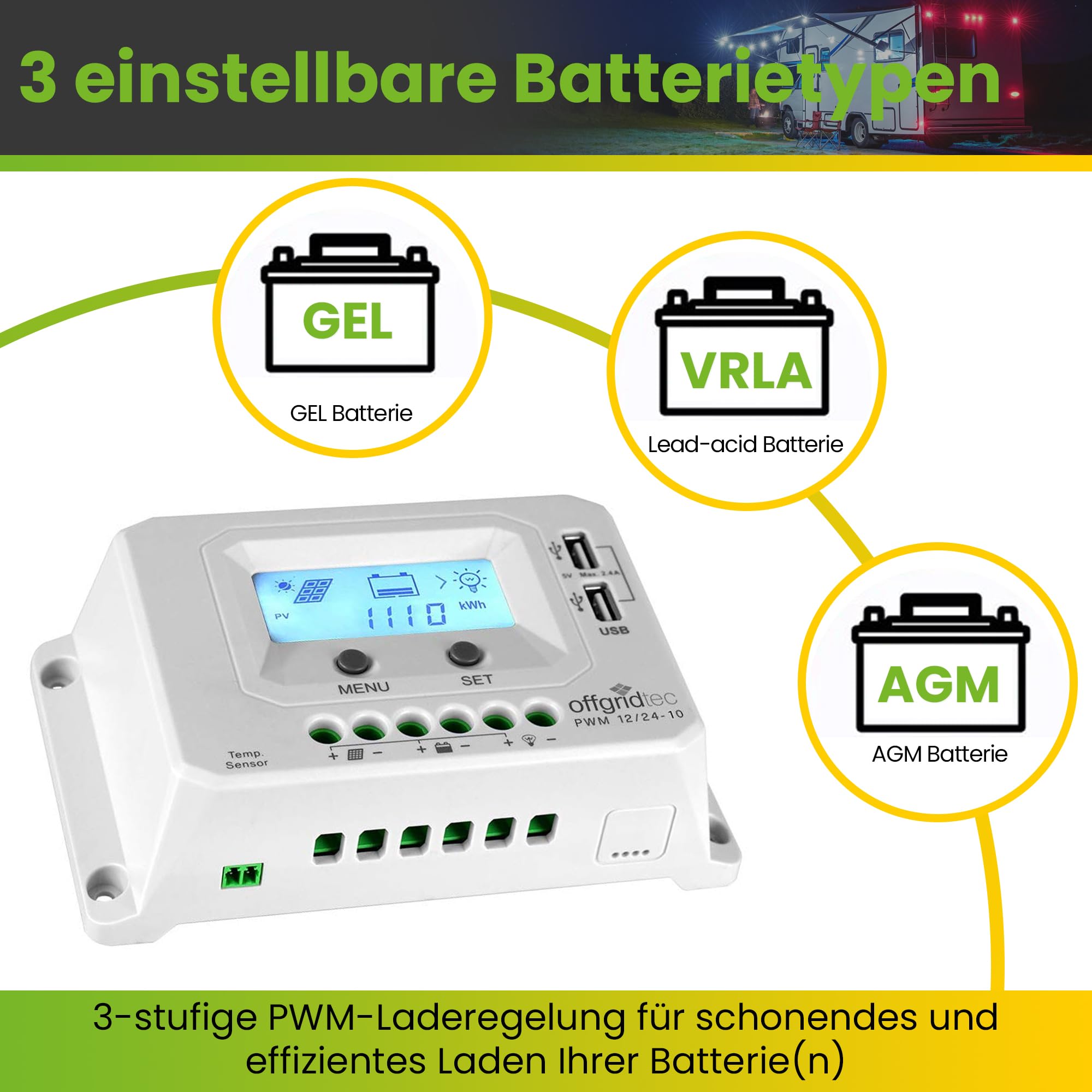 Offgridtec PWM Pro regolatore di carica 12 V/24 V 10 A USB