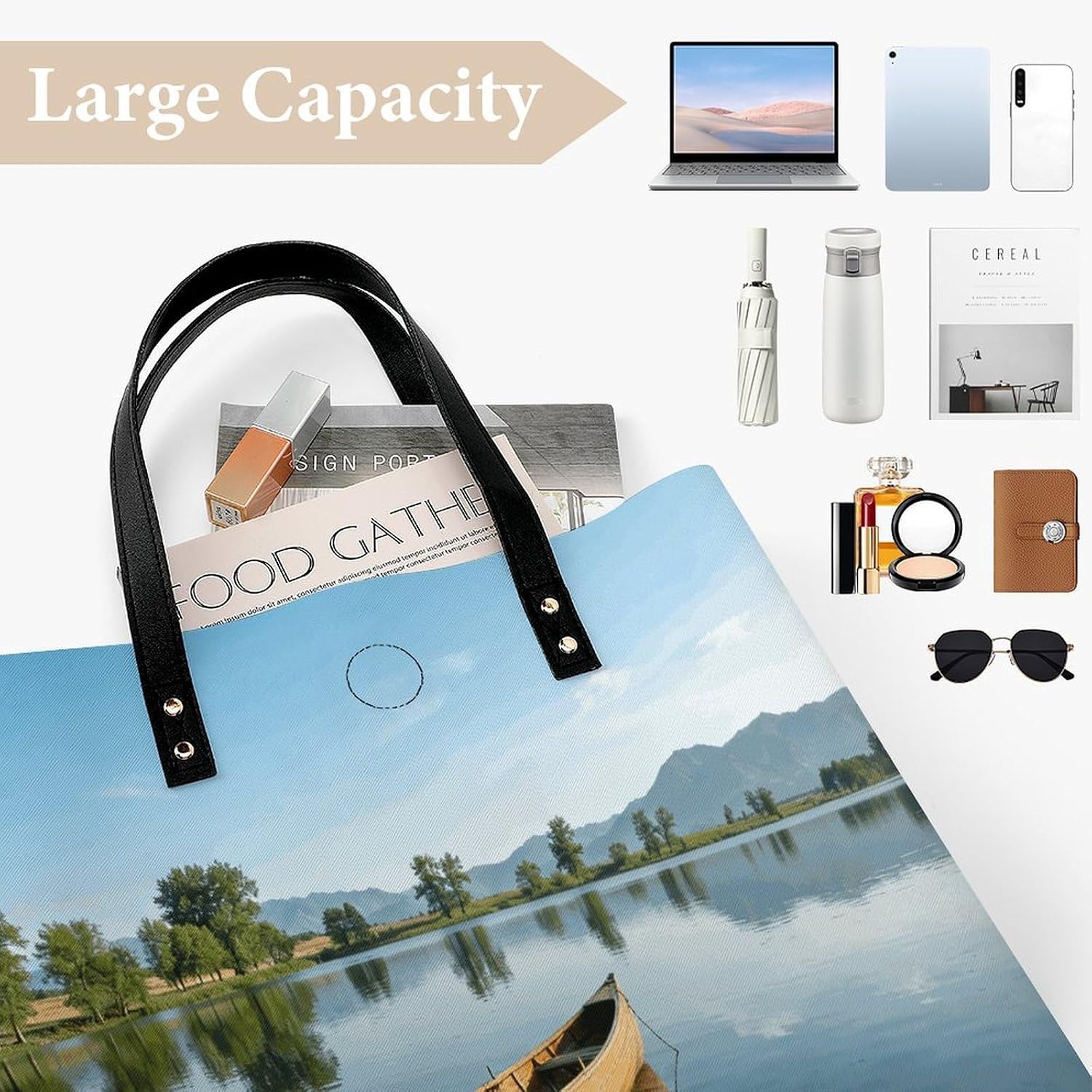 Canoe Lake Tote Bag with Magnetic Buckle Reusable Grocery Bags Lightweight Cross Body Handbag for Daily Essentials