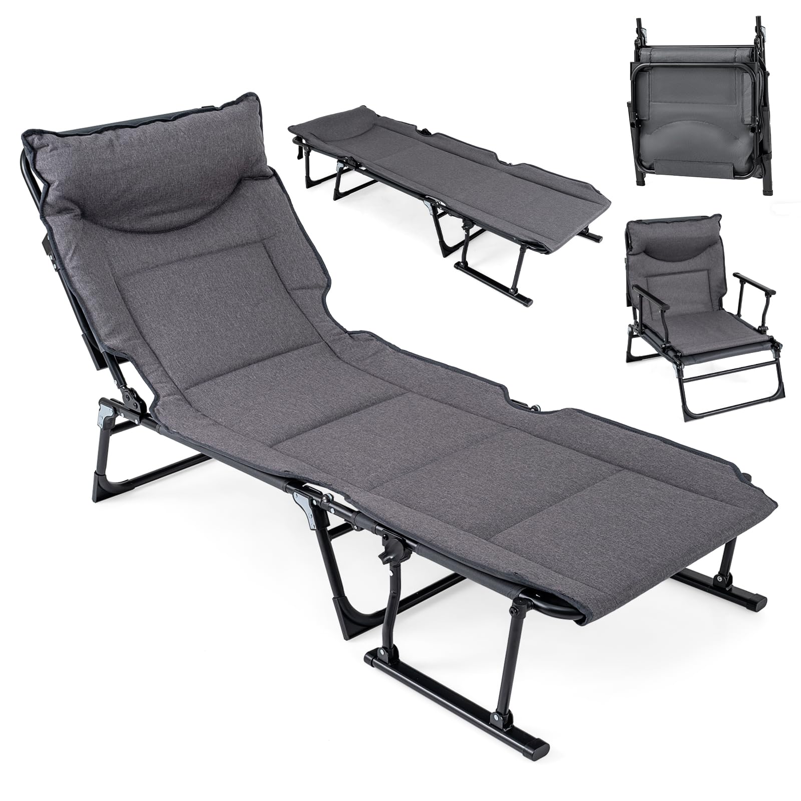 KOMFOTTEU 3-in-1 Campingbett, zusammenklappbar, Einzelbett, Liegesessel mit 6-fach verstellbarer Rückenlehne, Kopfstütze und Kissen, gepolsterte Sonnenliege für den Garten
