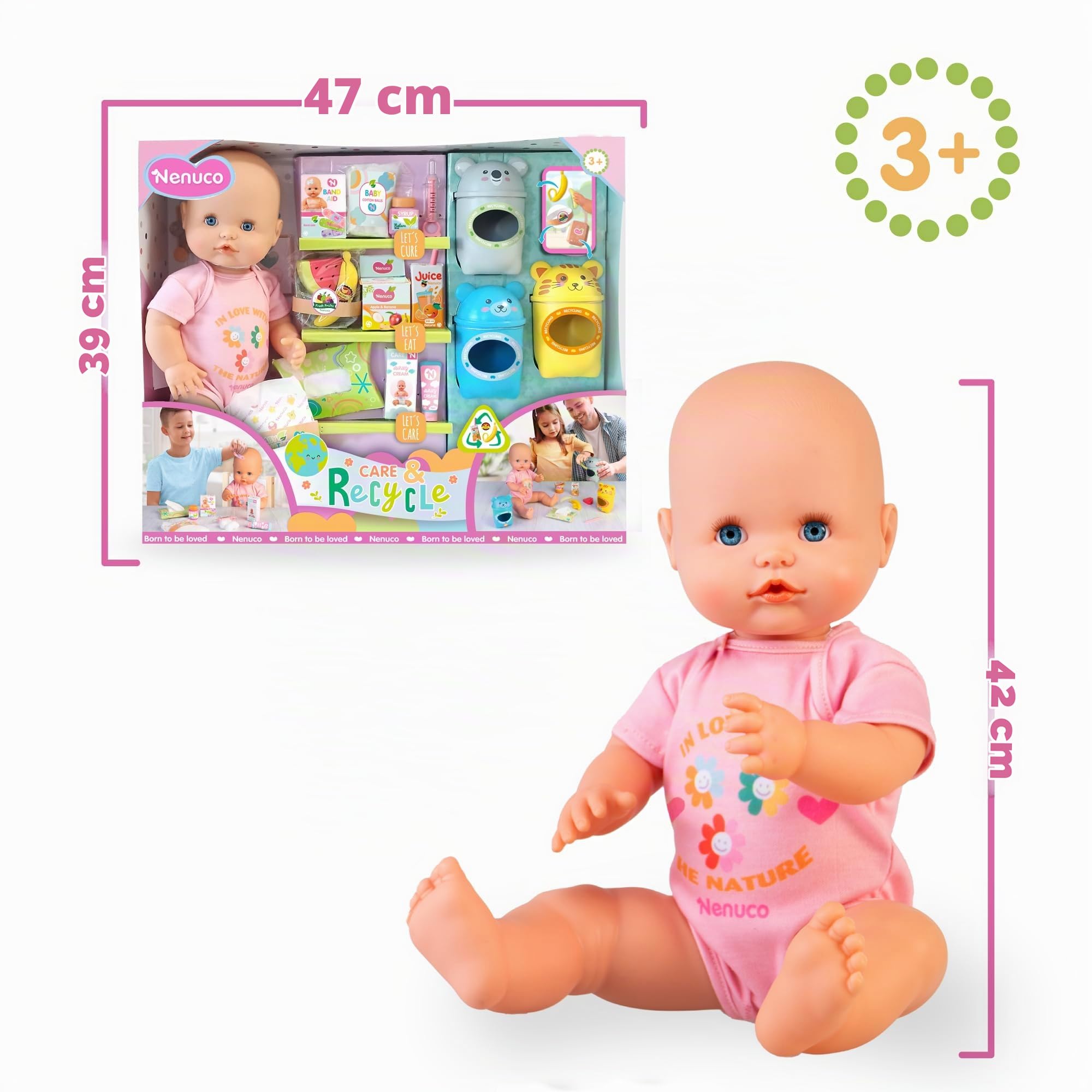 Nenuco Cura & Ricicla, Bambola 42 cm con corpo rigido, accessori per la pappa, per il cambio del pannolino e per la cura delle ferite, include 3 contenitori per il riciclo, +3 anni, Famosa (NFN98000)