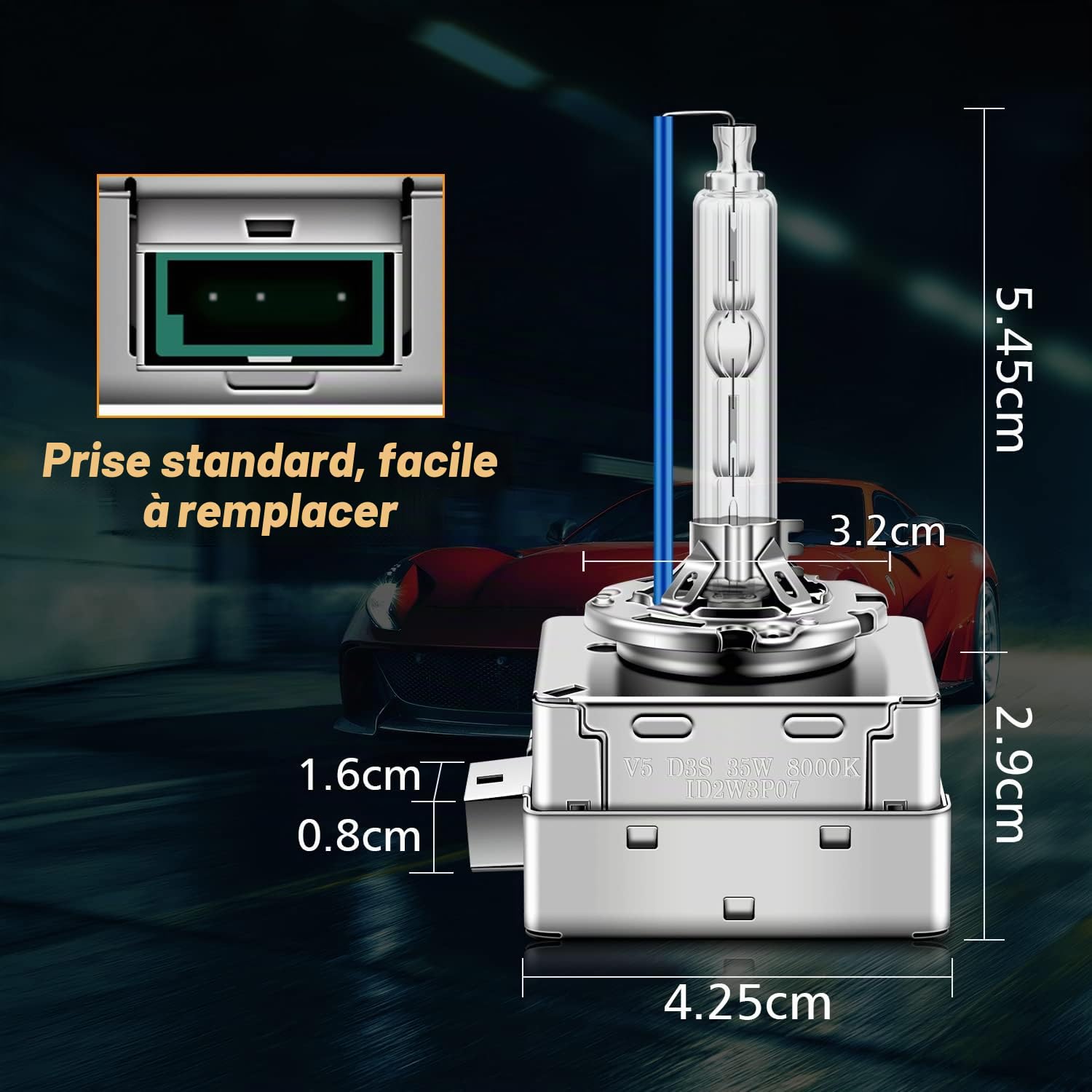 D3S Ampoules Xénon 35W 8000K Rétrofit de Phares à Décharge Cool Blue Xenarc, Ultra Clair Tout en Metal Phares De HID Voiture, Mise à Niveau des Ampoules Extérieures Xénon, 1 Paire