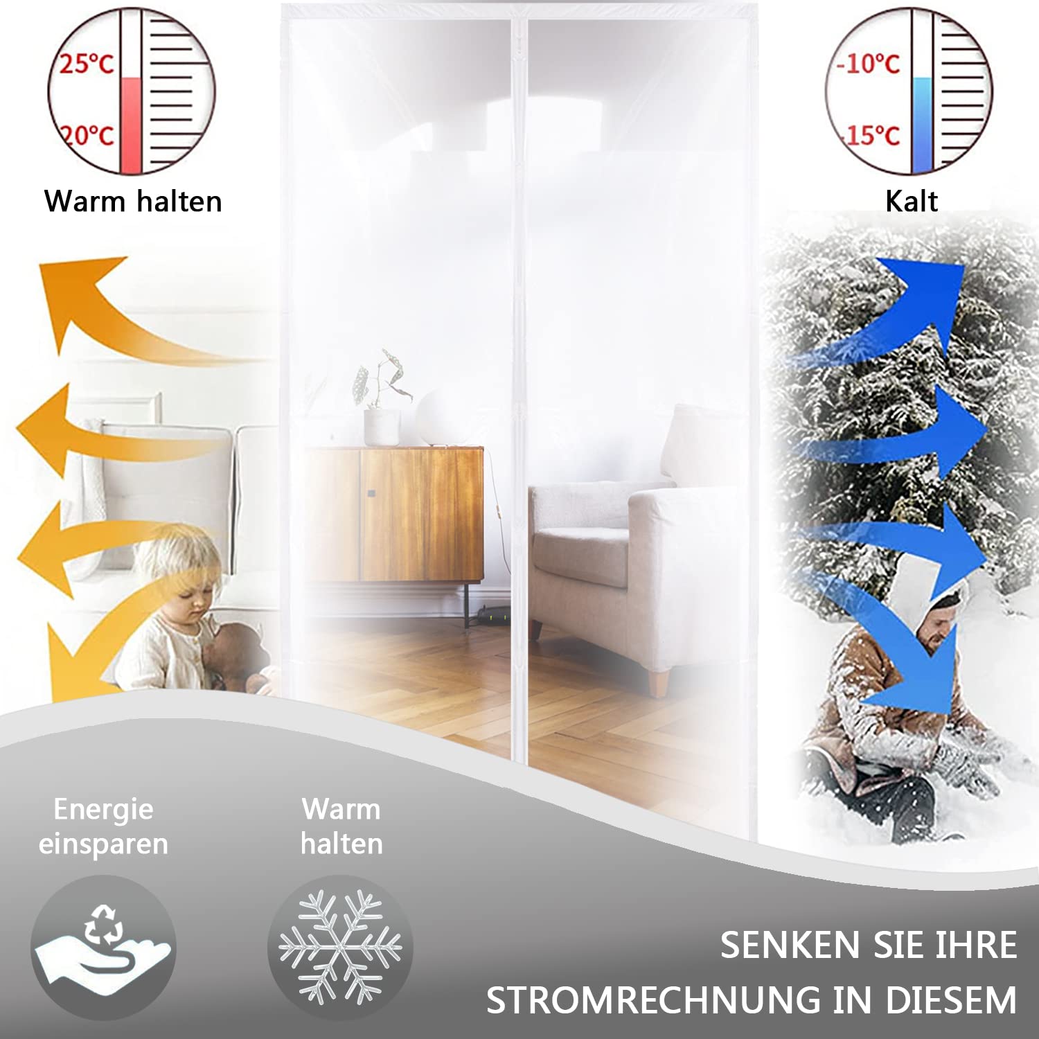 Cortina térmica magnética para puerta, 95 x 220 cm, cortina magnética de protección térmica para puertas, protección contra el frío y protección térmica en invierno, ideal para el uso de aire