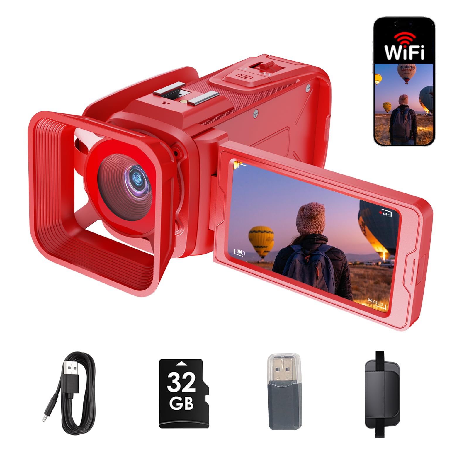 Videocamera 4K 64MP WiFi per YouTube Vlogging, zoom digitale 18X 3 pollici 270 ° Flip Screen, con scheda SD da 32 GB e lettore di schede, batteria integrata da 2500 mAh (rosso)