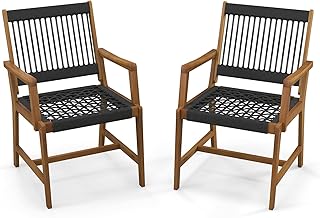 Tangkula Outdoor Acacia Wood Dining Chairs Set of 2, All-Weather Rope Woven Patio Chairs with Armrests, Outdoor Armchairs for Patio, Lawn, Garden, Backyard (1)