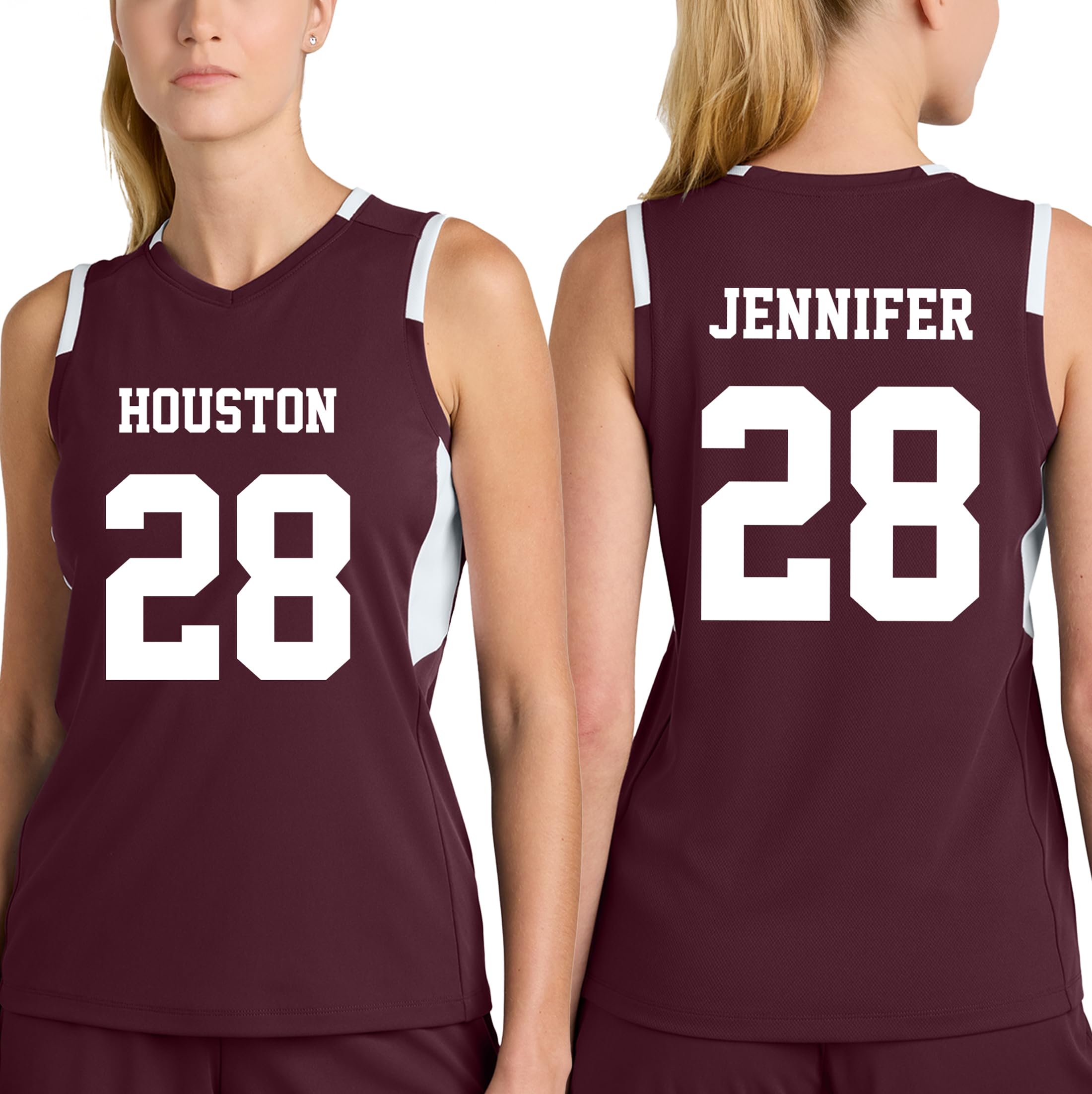 Custom Womens Moisture Wicking V-Neck Tee with Personalized Name Team Name and Number Maroon/White