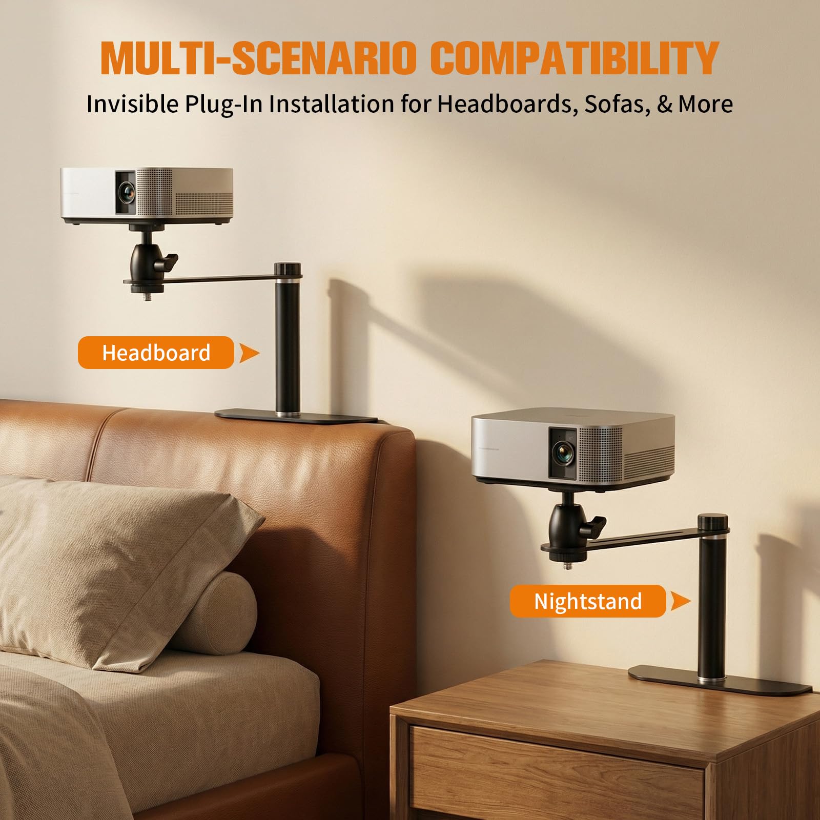 Beamer Ständer für Bett & Sofa, Projektorhalterung ohne Bohren – Verbesserte Stabilität Beamer Halterung Wand/Nachttisch, Stabil Stahl Beamer Wandhalterung für Schlafzimmer & Wohnzimmer (Höhe 10cm)