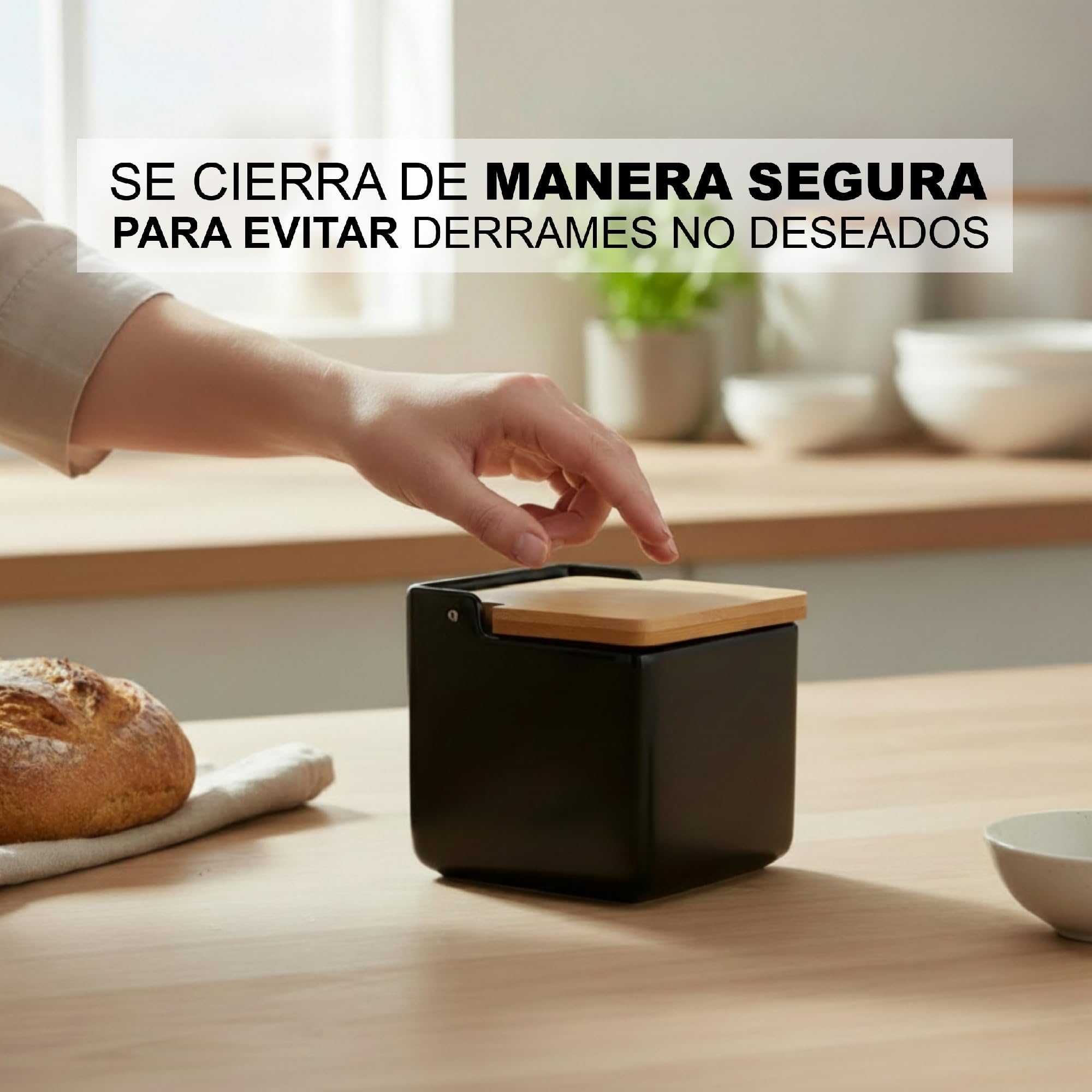 TIENDA EURASIA – Salero de Cocina de Cerámica | Tapa Abatible de Bambú | Color Negro | Medidas 12x12x11 cm | Diseño Moderno y Elegante