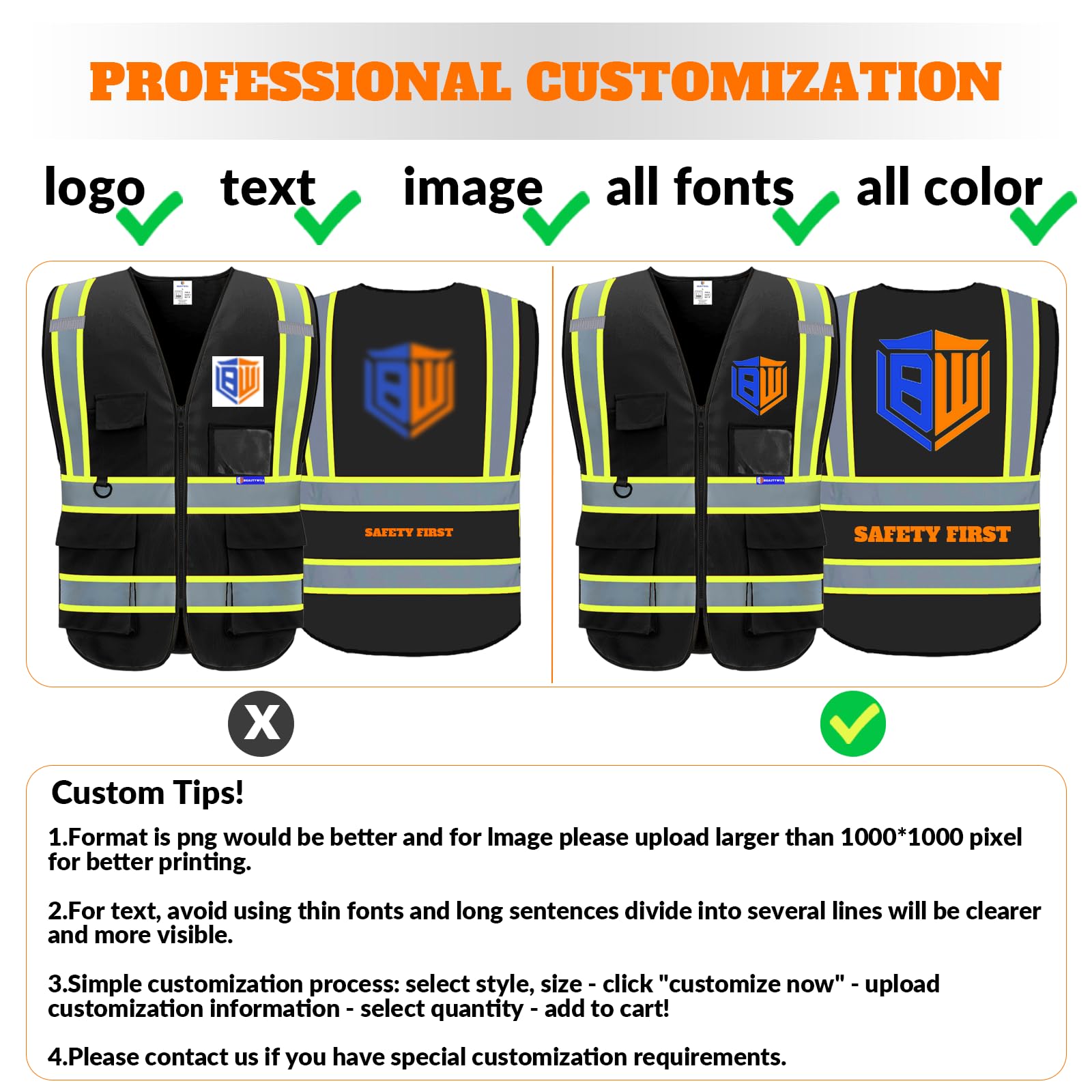 Custom Safety Ves black Safety Vest with Logo 5 Pockets High Visibility Vests Class 2 Personalized Hi Vis Reflective Security Construction Workwear (014Black, XL)