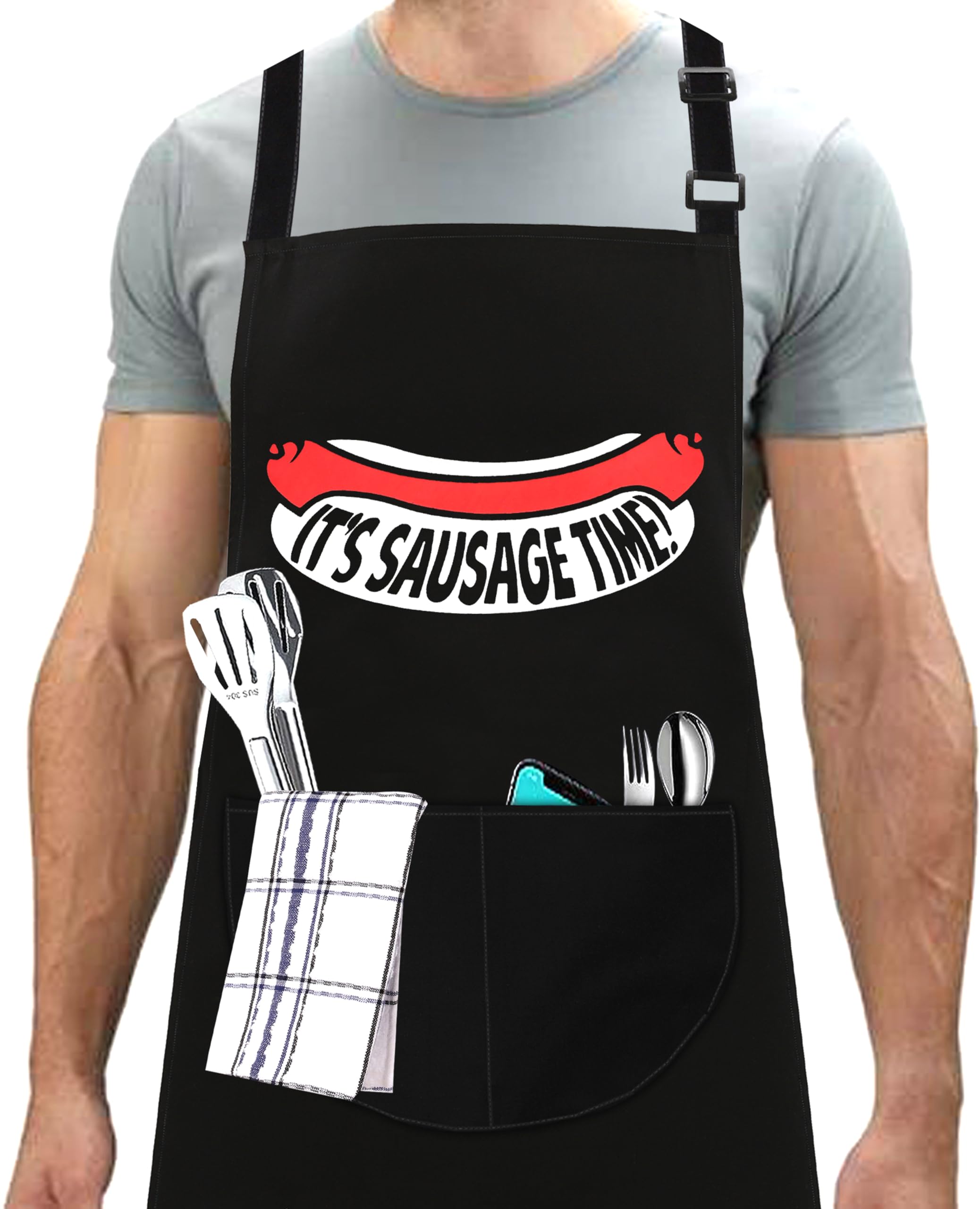 LINEN CLOSET® Bbq Apron for Men Funny Aprons Grilling Novelty Barbecue Aprons Kitchen Cooking Gift Apron with 2 Front Pockets-Fork Apron