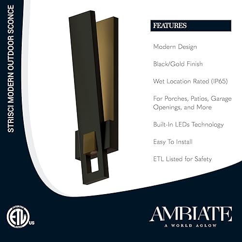 Miniatura 2 de Strisci - Lámpara de pared LED moderna, 12 W (equivalente a 72 W), 3000 K, 250 lúmenes, para exteriores, acabado negro/dorado, para porches, patios,