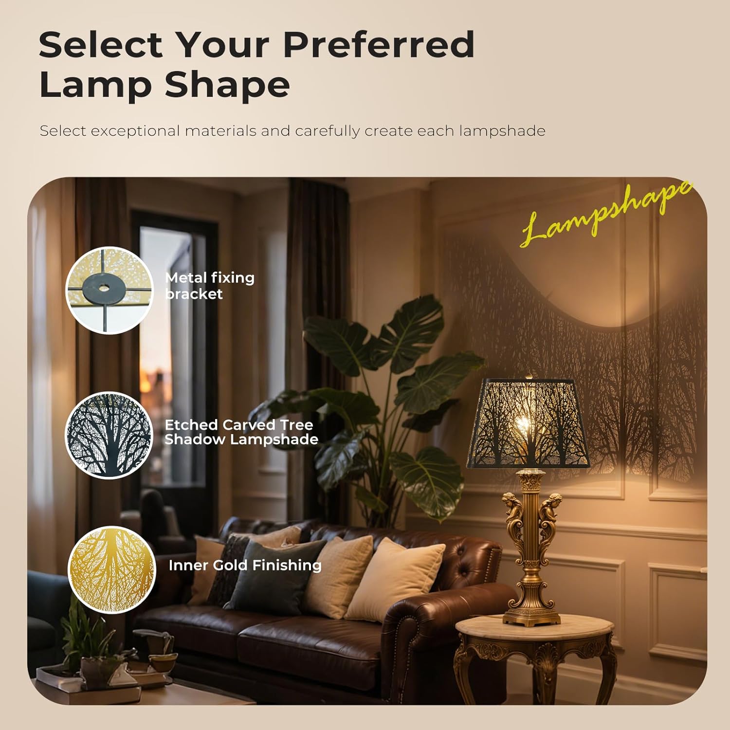 Metal Lamp Shade,Large Lampshade,Replacement lampshades table lamp with Pattern of Trees and Floor Light,Antique Color Finish Fits for Living Room Bedroom and Bedside Lamps (Black/Gold, Large)