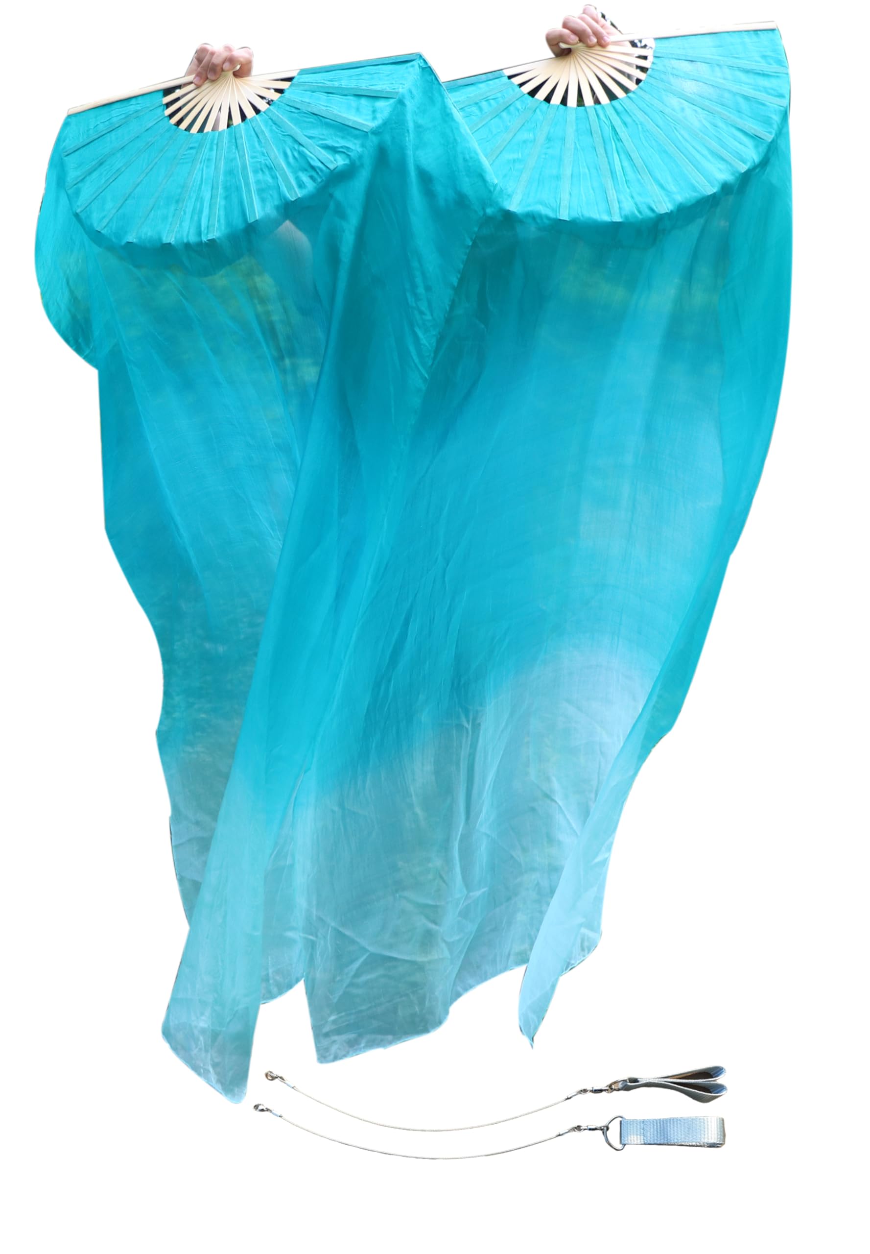 Winged Sirenny Pair Spinning Silk Fan Veils with Poi Strings,150cm (59") Fan Pois for Belly Dance, Flow Arts & Performance, with Adjustable Bamboo Handles & Carry Bag (peacock blue fading) — image 1