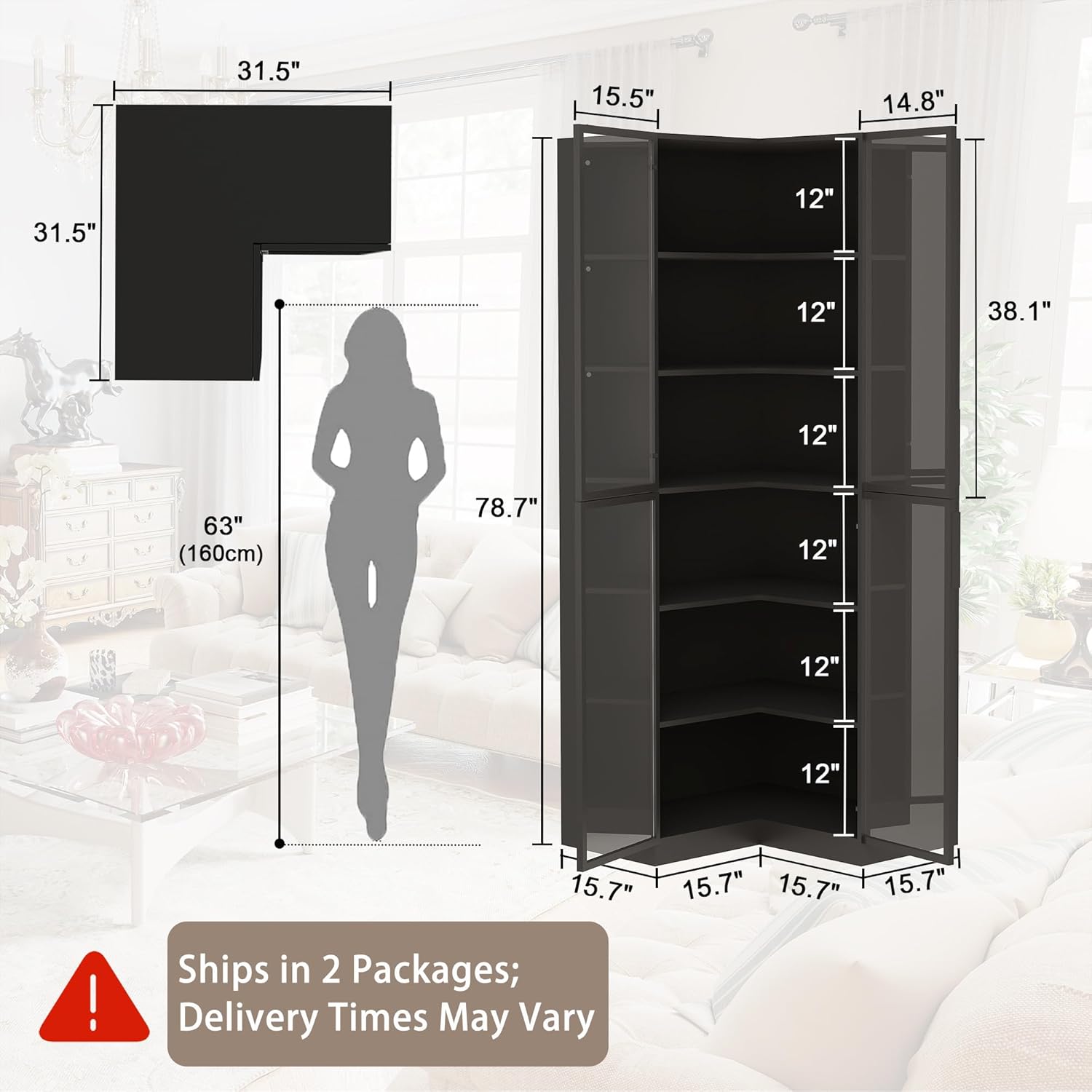 Corner Bookcase with Glass Doors: 79" Black L Shaped Bookshelf with 4 Doors,Tall Corner Bookcases with Led, 6 Tier Wooden Book Shelf for Living Room (Black)