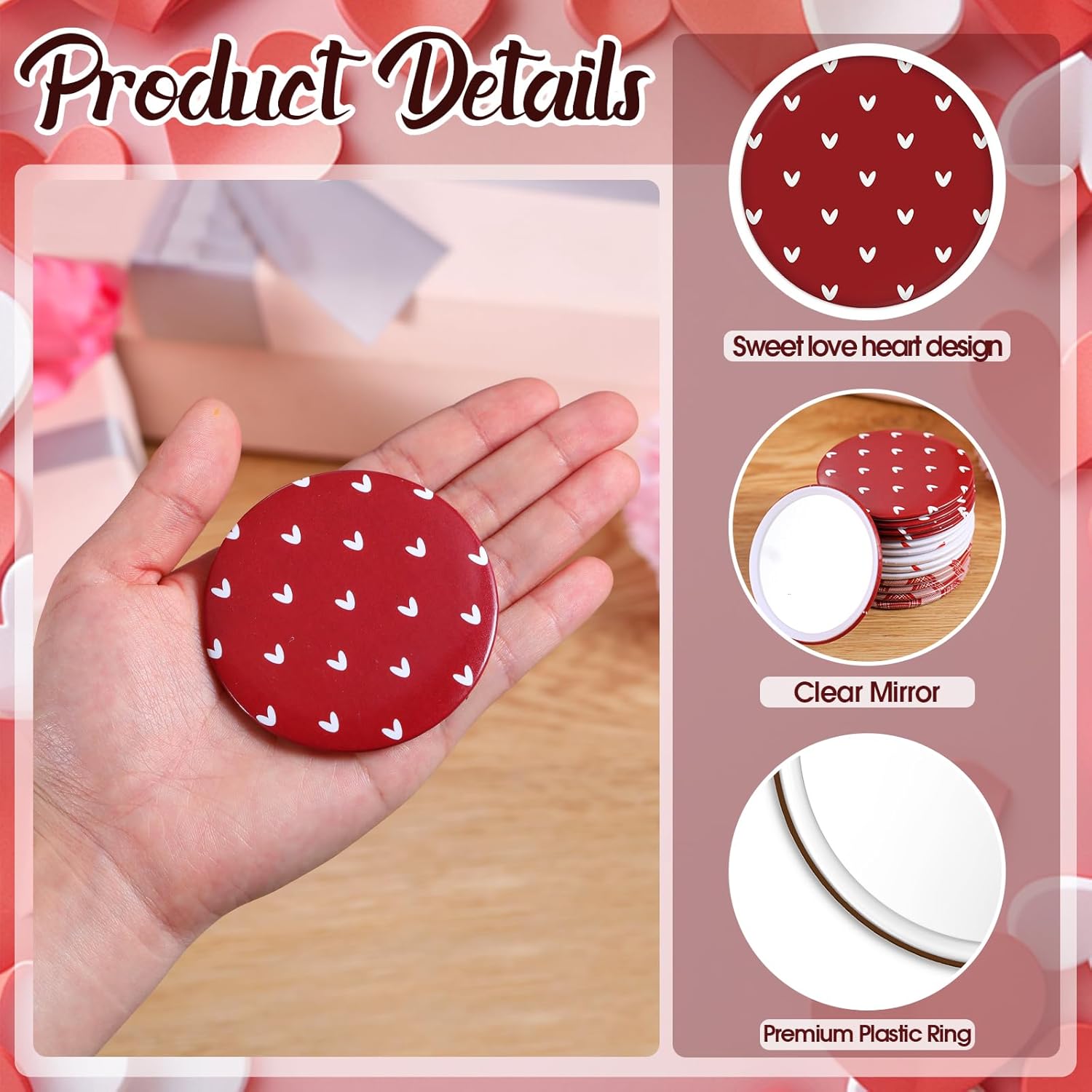 Geetery 240 Pcs Heart Compact Mirrors Gifts Bulk Mini Small Circle Portable Pocket Purse Red Love Heart Mirrors for Makeup Travel Women Mother Friends Adults Office Coworker Employee Team Staff Gifts