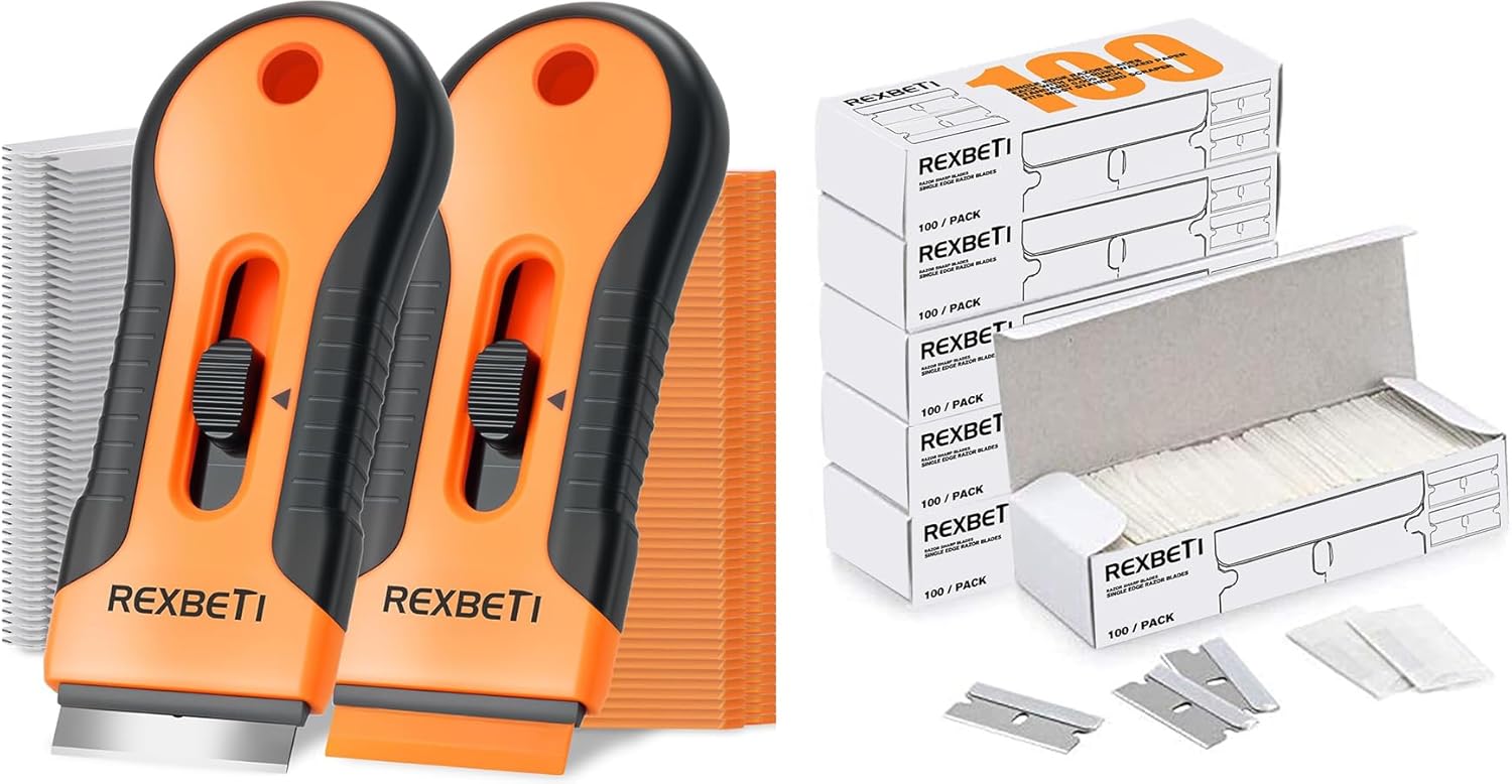 REXBETI Razor Blade Scraper Tool, Cleaning Scraper Tool, Cooktop, Paint, Glass Scraper, 600pcs Metal Replacement Blades