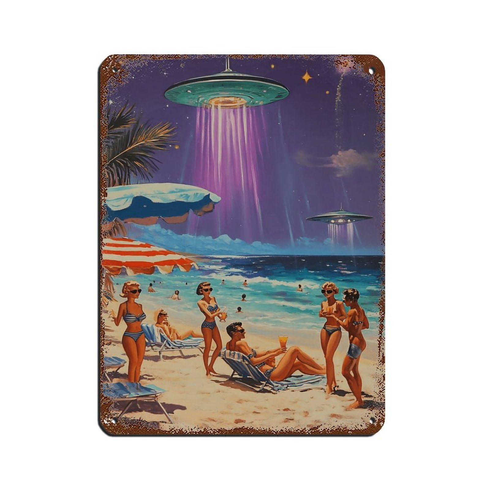 Retro Sci-Fi Beach,UFO Artwork Tin Sign Vintage Metal Pub Club Cafe Bar Home Wall Art Decoration Poster Retro 12x16inch(30x40cm)