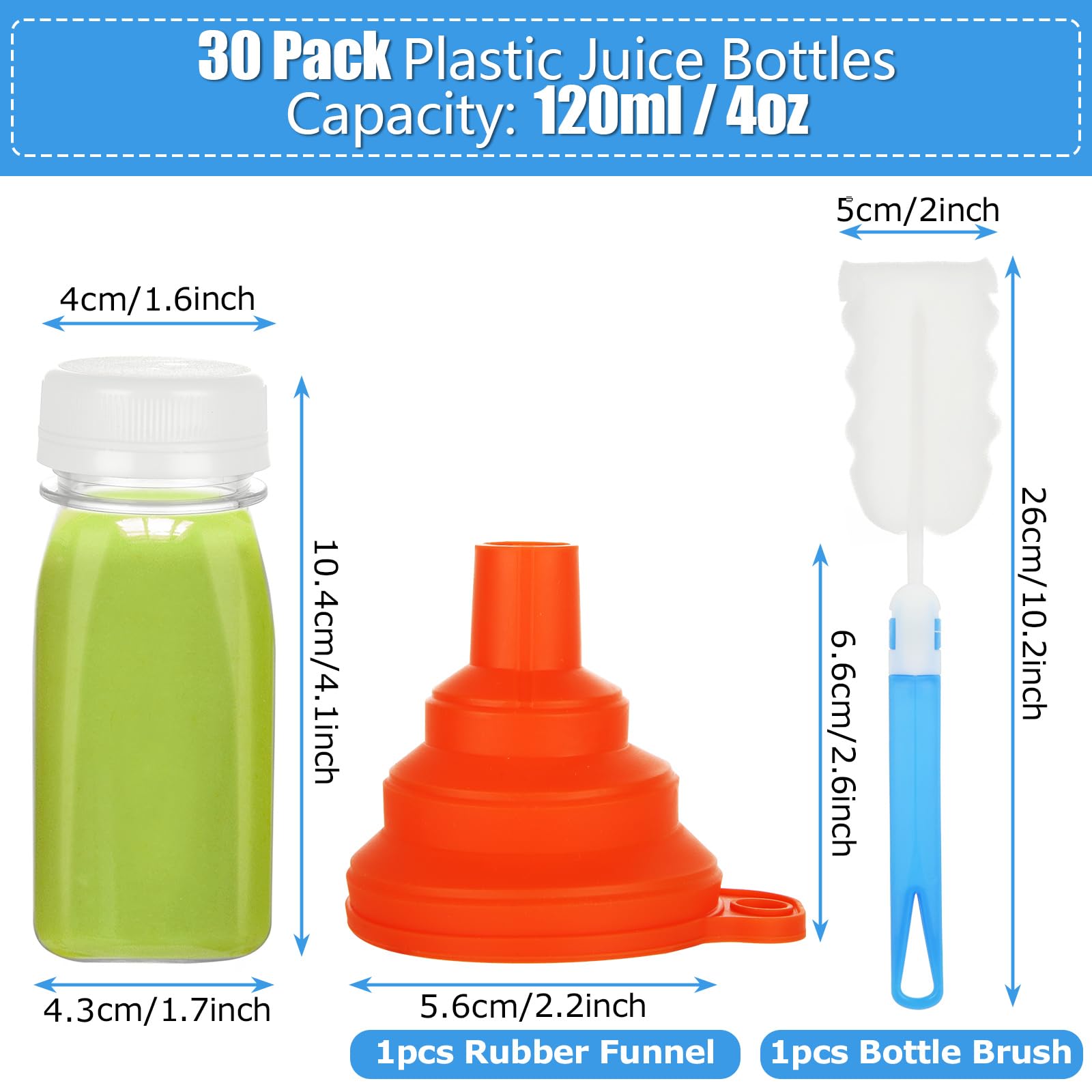 SENENQU Confezione da 30 piccole bottiglie di plastica da 120 ml, con coperchio, trasparenti, con imbuto e pennello, bottiglie vuote per frullati, per bevande al latte, acqua