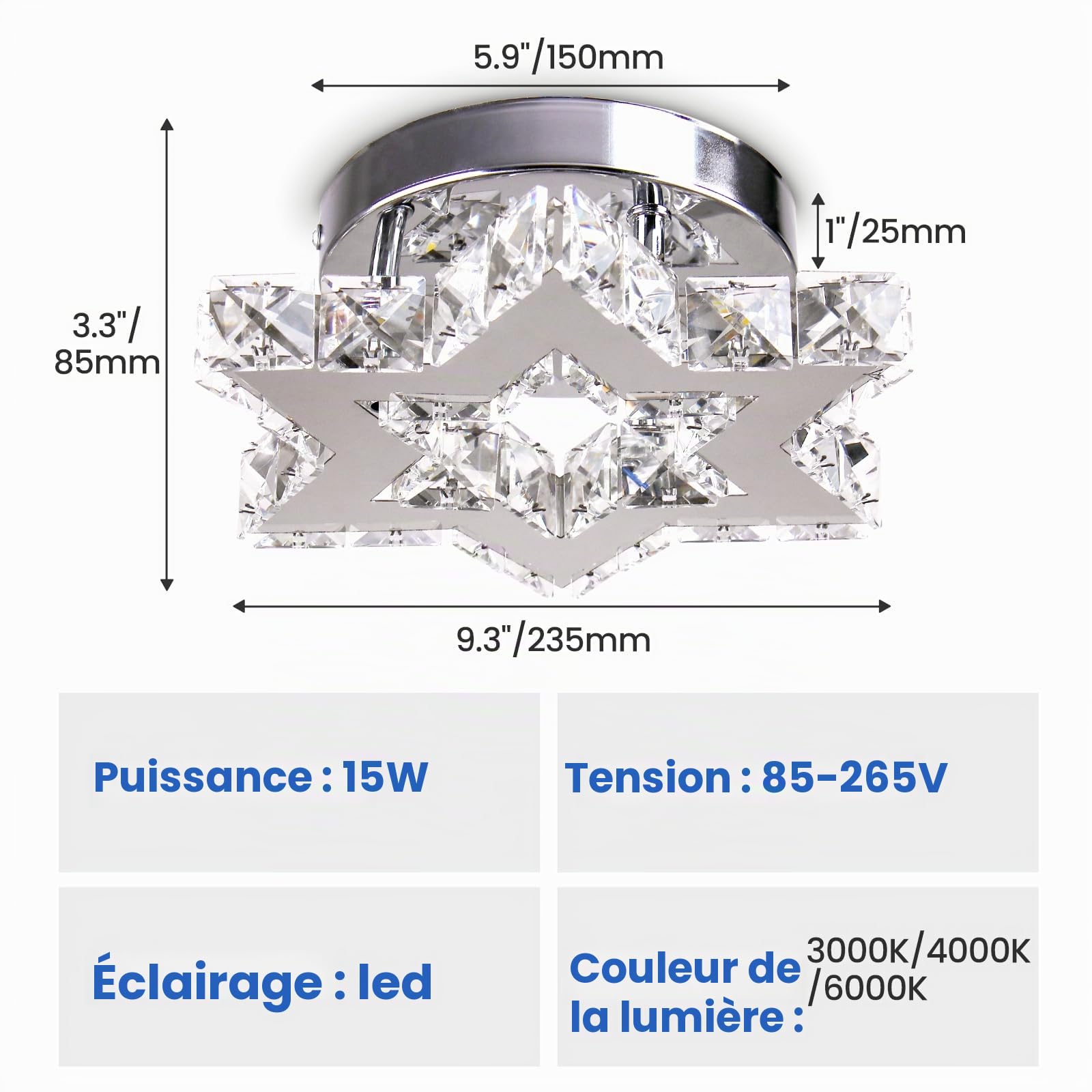 Lustre moderne en cristal à LED avec télécommande Lustre encastré pour entrée, foyer, cuisine, escalier, placard, 3 couleurs ajustables, fonction mémoire