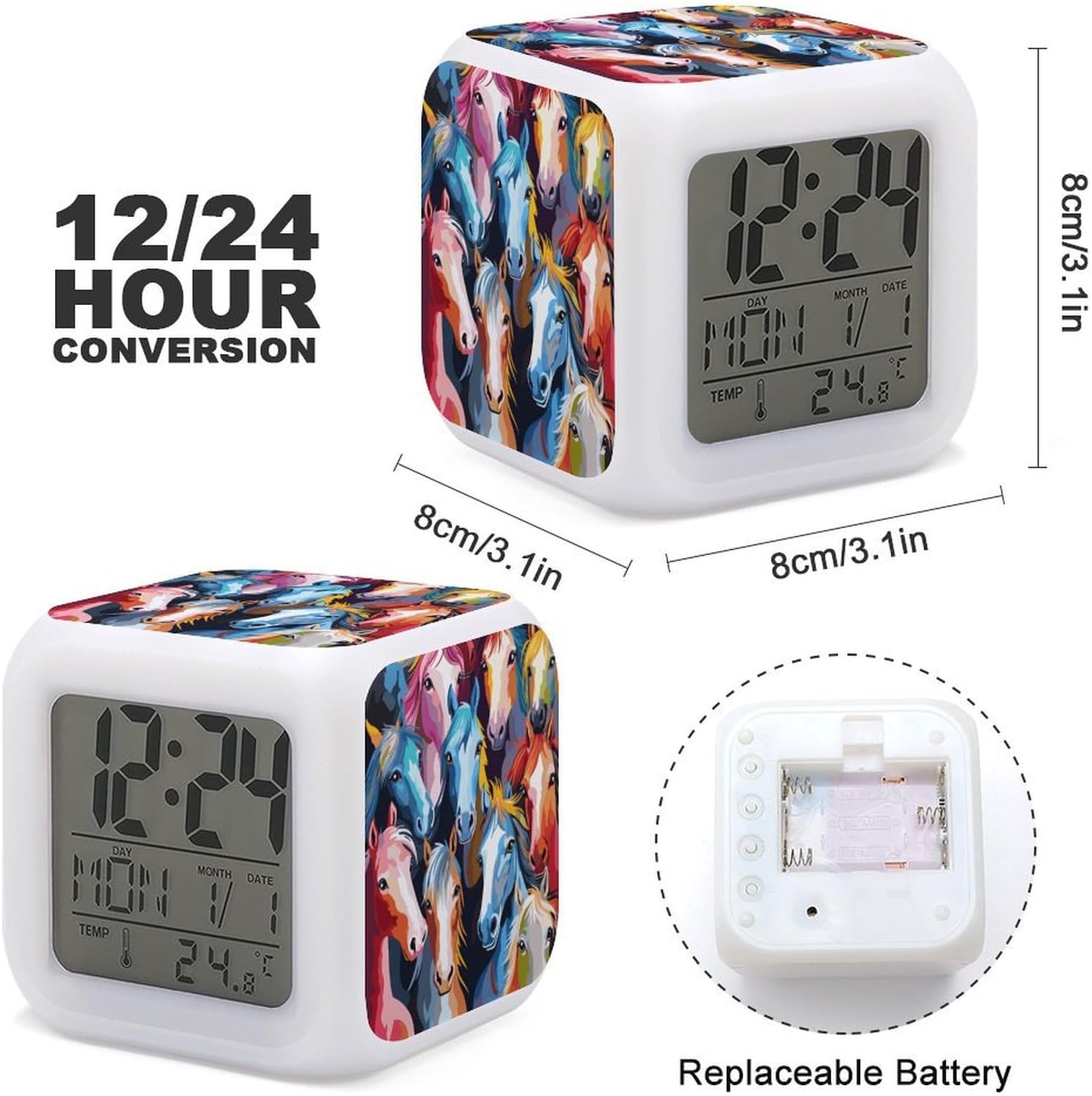 Colorful Cartoon Horses 7 Color Changing Night Light Alarm Clock Smart Digital LED Clock with Temperature, Date & Week Display - Easy to Use Wake-up Clock for Heavy Sleepers image 3