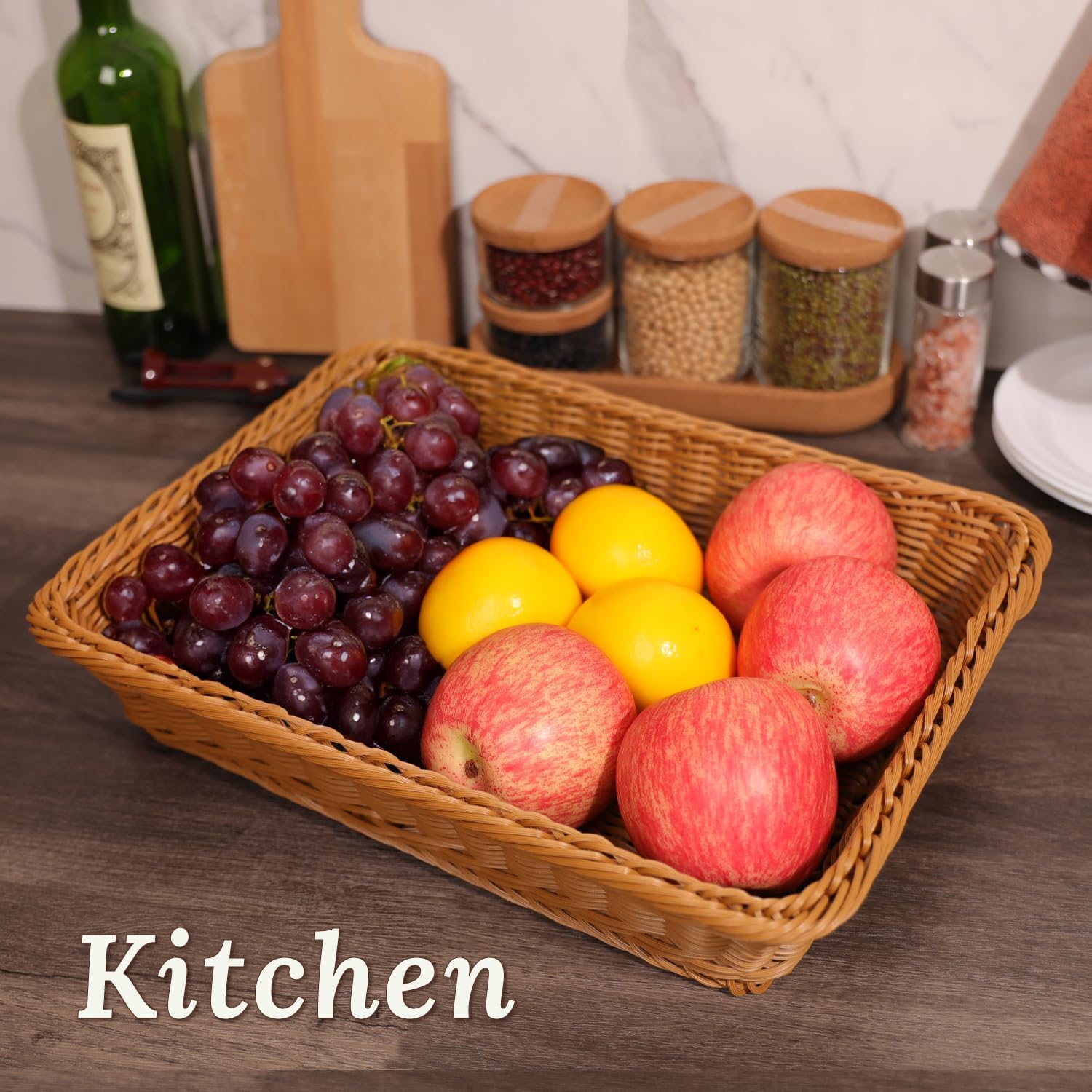 WeeNest Wicker Bread Basket, Woven Basket as Serving Tray, Bread Serving Storage, Rectangle Resin Wicker, 2 pcs, Light Brown