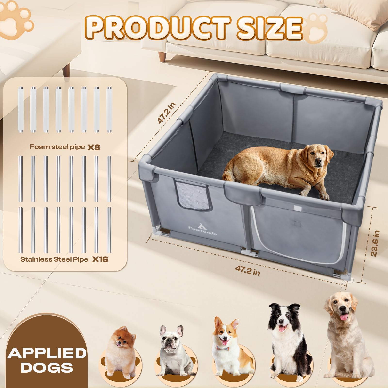 Pawtenda Caja de parto para perros y cachorros, con kit de cuidado de cachorros de 5 piezas | 47 x 47 x 24 pulgadas, para perros de raza mediana y grande, corralito de tela Oxford resistente al desgarro con ventosas