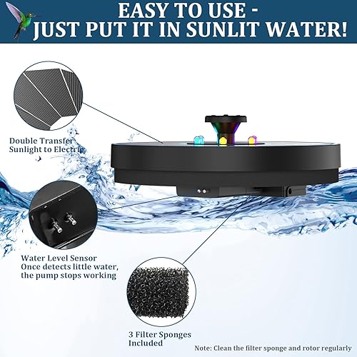 Miniatura 5 de GAIZERL Fuente solar 2023, fuentes solares de baño para pájaros de 3.5 W con panel de vidrio, batería 2000, características de agua de colibrí con