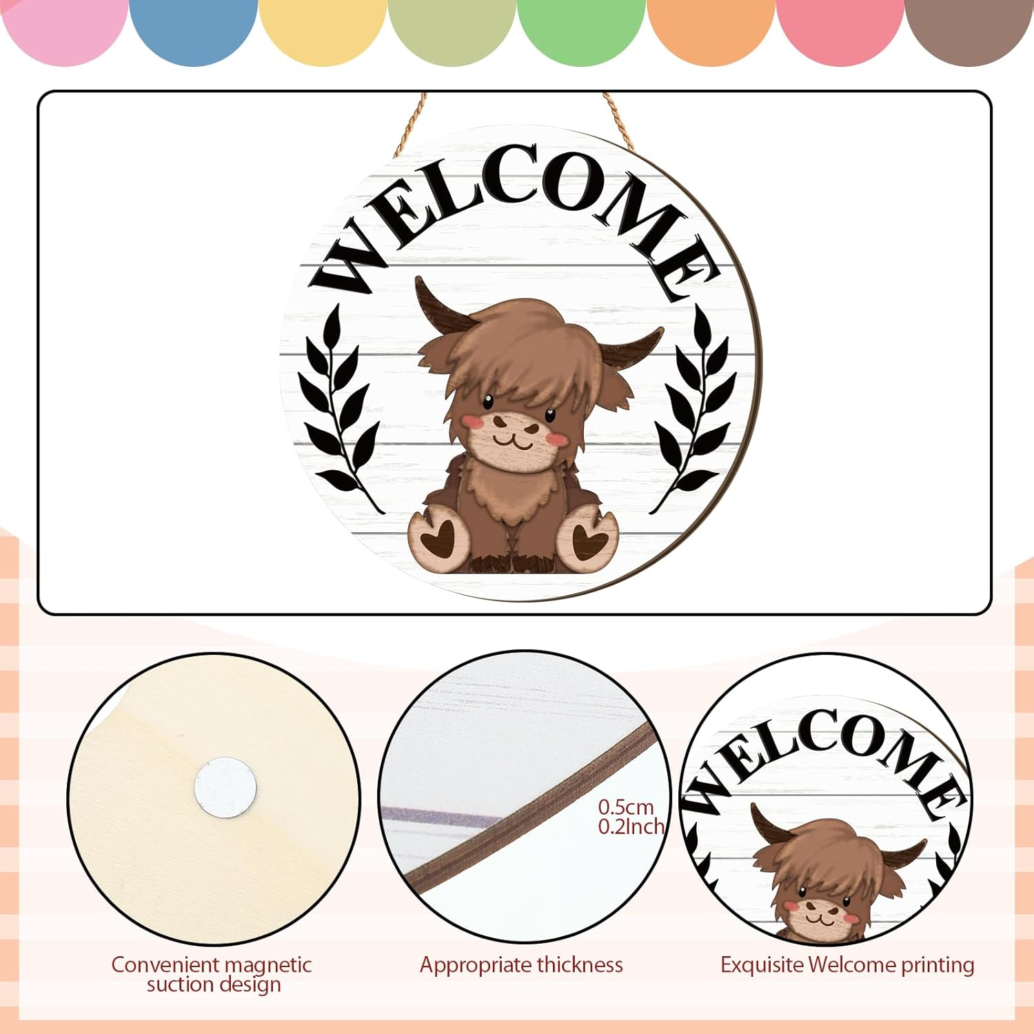 33 Pcs Holiday Interchangeable Highland Cow Welcome Sign Highland Cow Seasonal Wooden Hanging Door Decor Interchangeable Holiday Door Sign for Winter Valentines Party Decor(White Grain) - Image 3