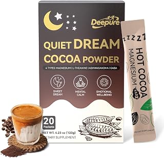 Nighttime Cocoa Hot Chocolate Mix - Dream Powder with L-Theanine & 4 Types High Strength Magnesium for Deep Relax All Night Plus Natural Ashwagandha and Gaba for Stress Calm (20 Packets)