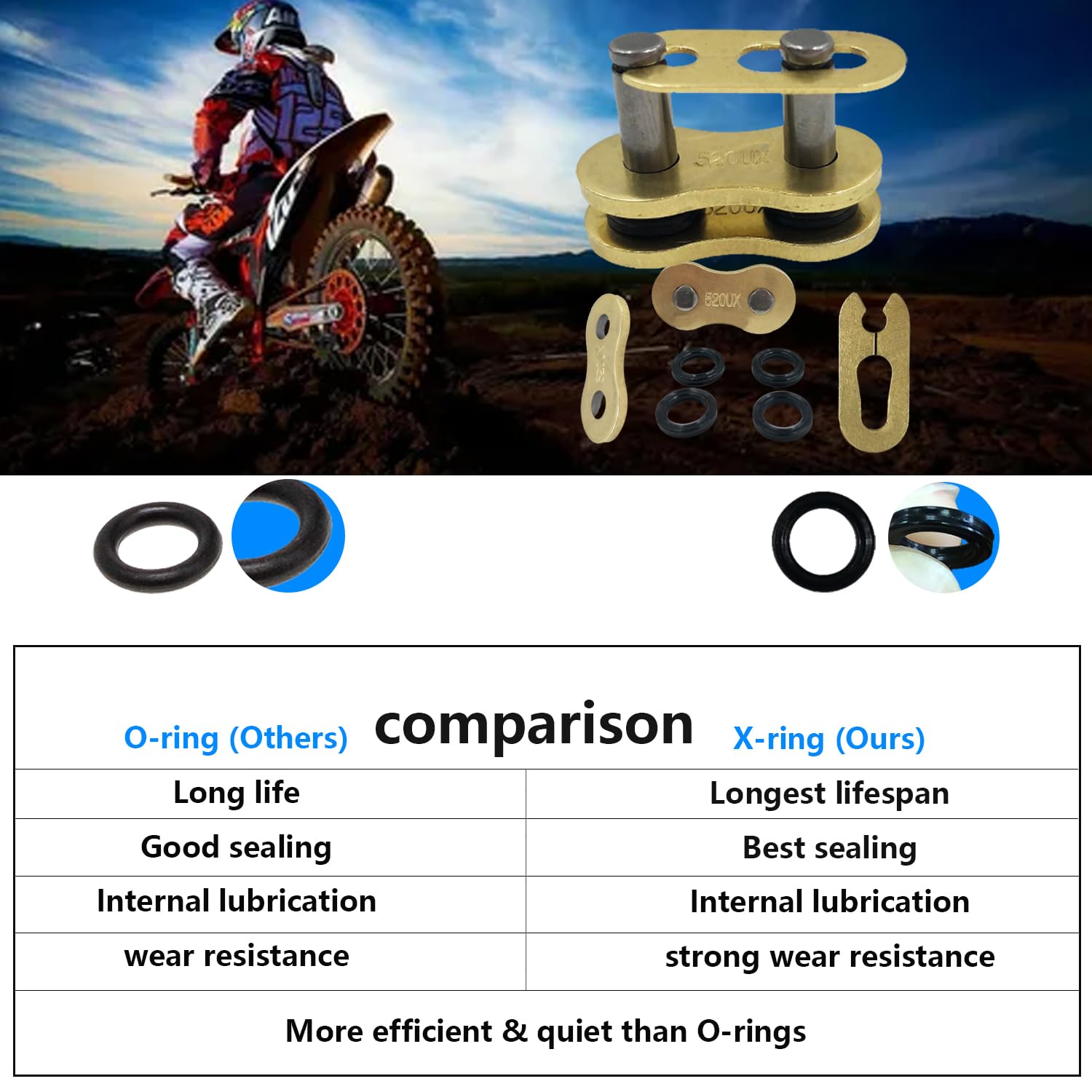 Catena a 520 X-Ring, 116 maglie resistente catena d'oro per moto con collegamento Master Link