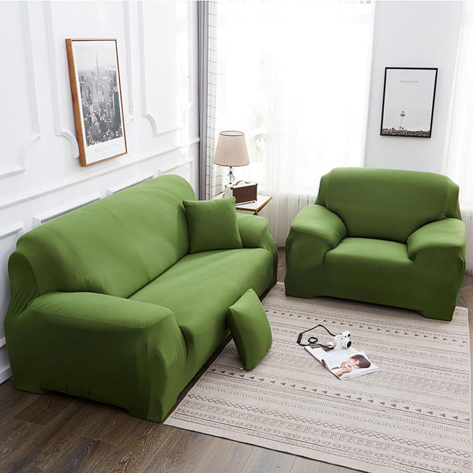 Housse de canapé extensible 3 places vert jacquard pour salon moderne