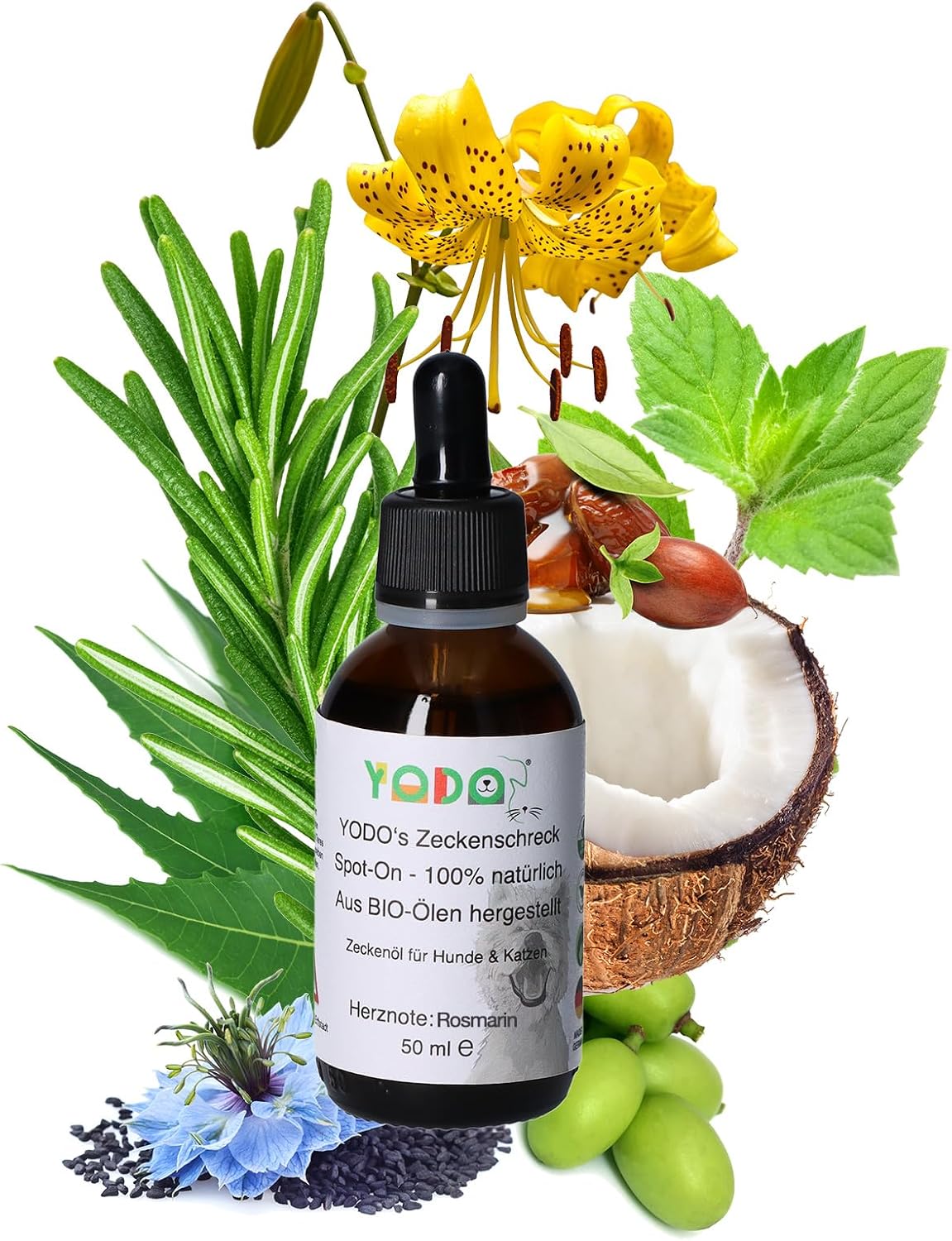 YODO 's Tick Deterrent 100% Natural Tick Protection Tick Oil for Dogs and Cats for Tick Repellent Made from 7 High-Quality Organic Oils 50 ml Rosemary