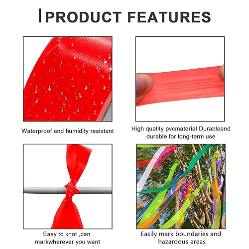 Miniatura 92 de Paquete de 10 cintas de señalización roja, rollo de marcado de neón de cinta de plástico no adhesivo, 1 pulgada x 2000 pies, cinta de marcado