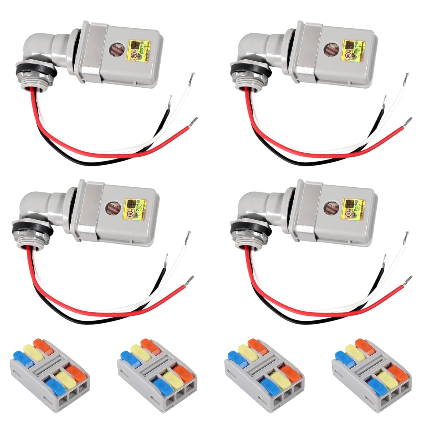 4PCS Photocell Sensor for Outdoor Lights, 120VAC Dusk to Dawn Light Sensor with 4pcs Lever Wire Connectors, 180° Swivel Mount IP54 Waterproof Photoelectric Switch for Yard, Parking Lot, Street