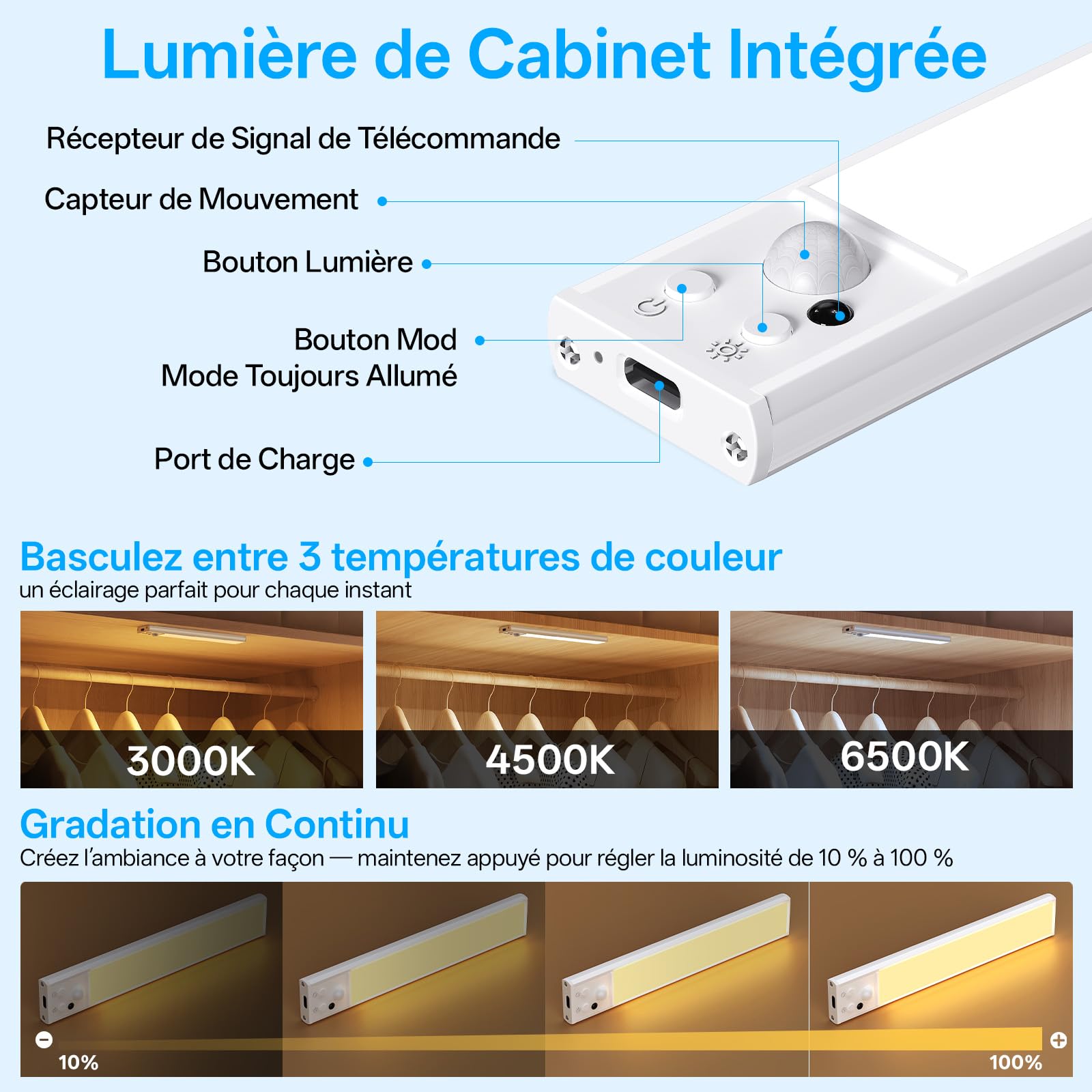 Lampe LED Rechargeable, 6pcs Réglette LED avec Station de Chargement, Lumière Détecteur de Mouvement Intérieur, Fonction Minuterie, Lampe Placard Adaptée Placard, Couloir