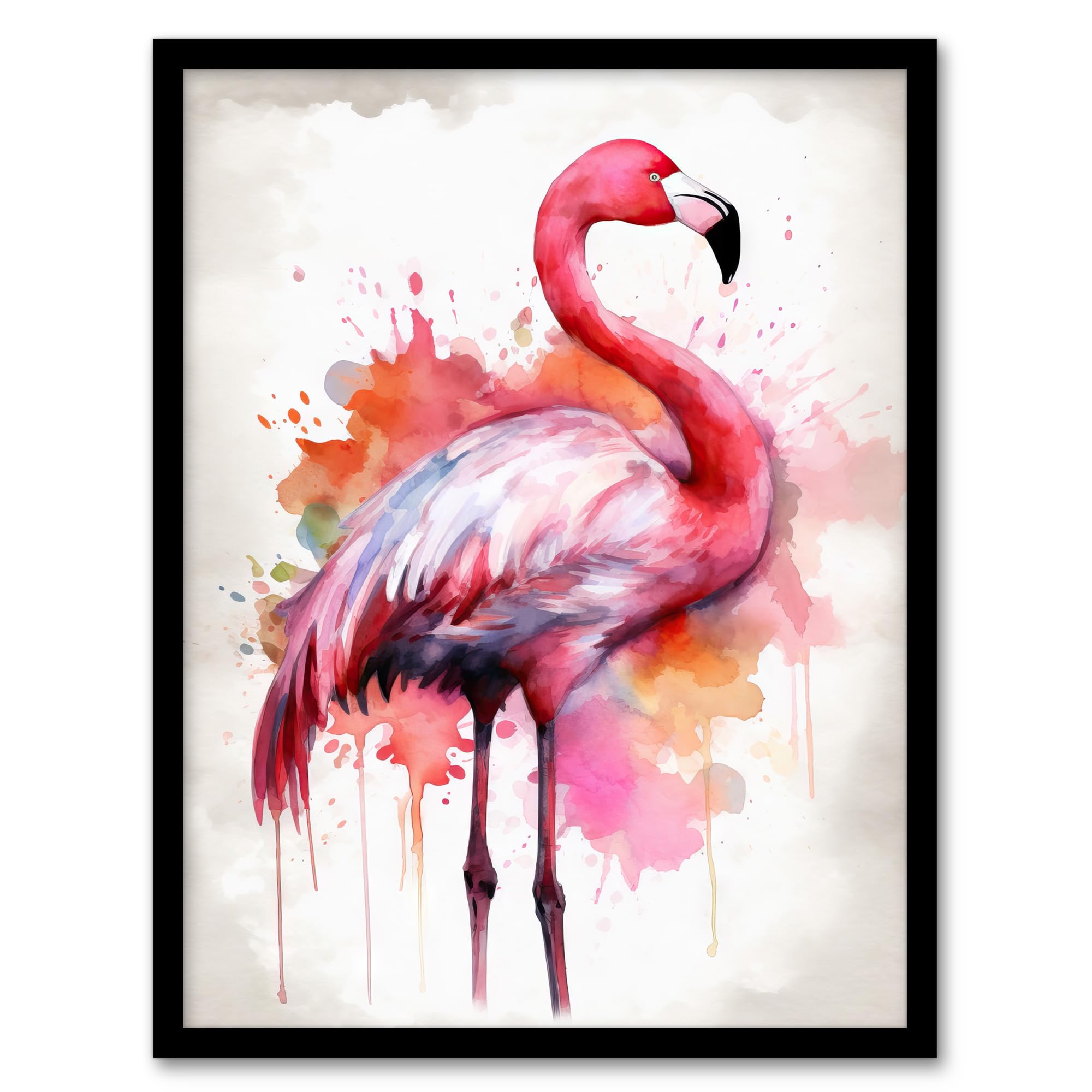 Artery8 Watercolour Flamingo Pink Ink Splat Design Watercolour Artwork Framed Wall Art Print A4