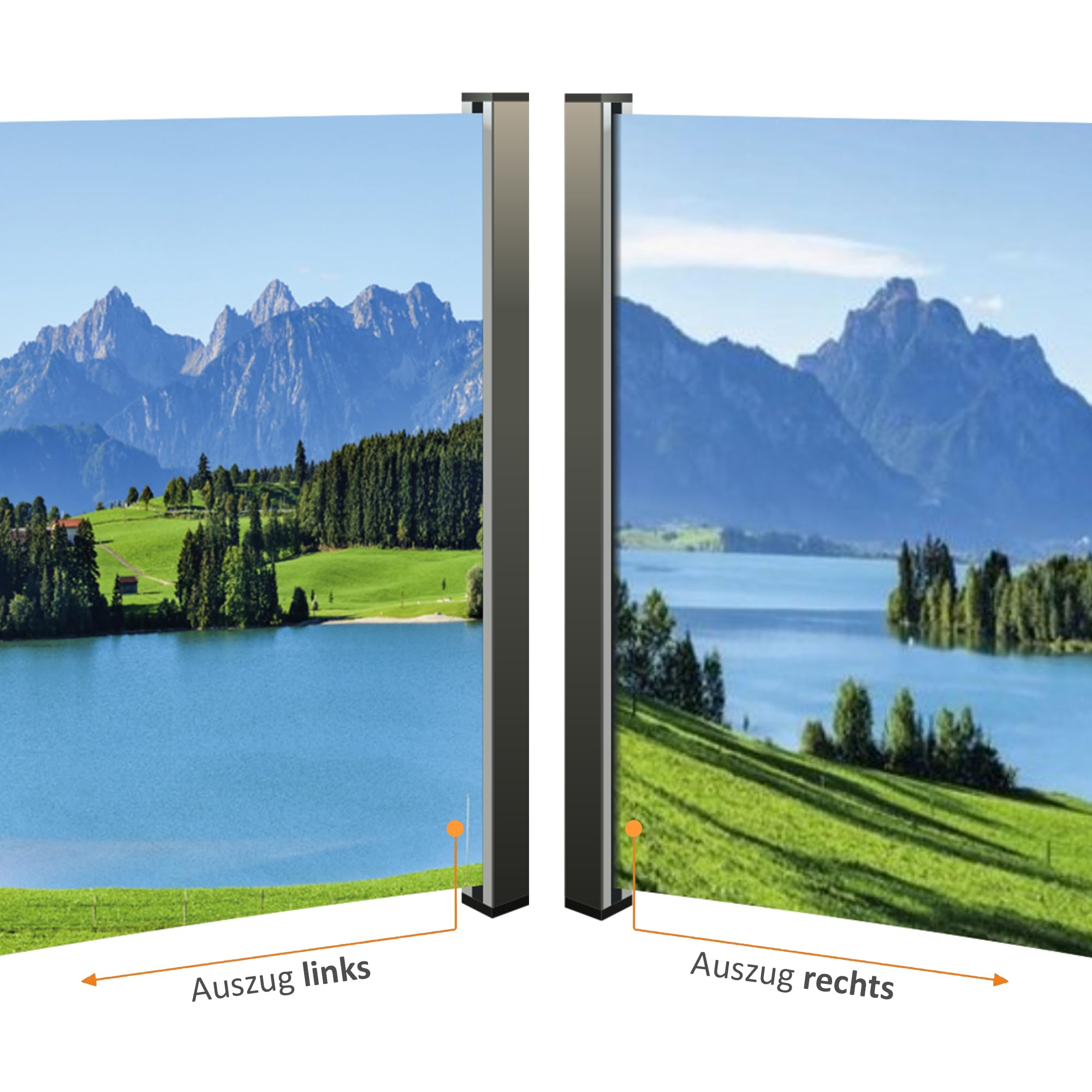 Seitenmarkise mit Fotodruck Berge - Auszug Links - Bildmotiv rechts