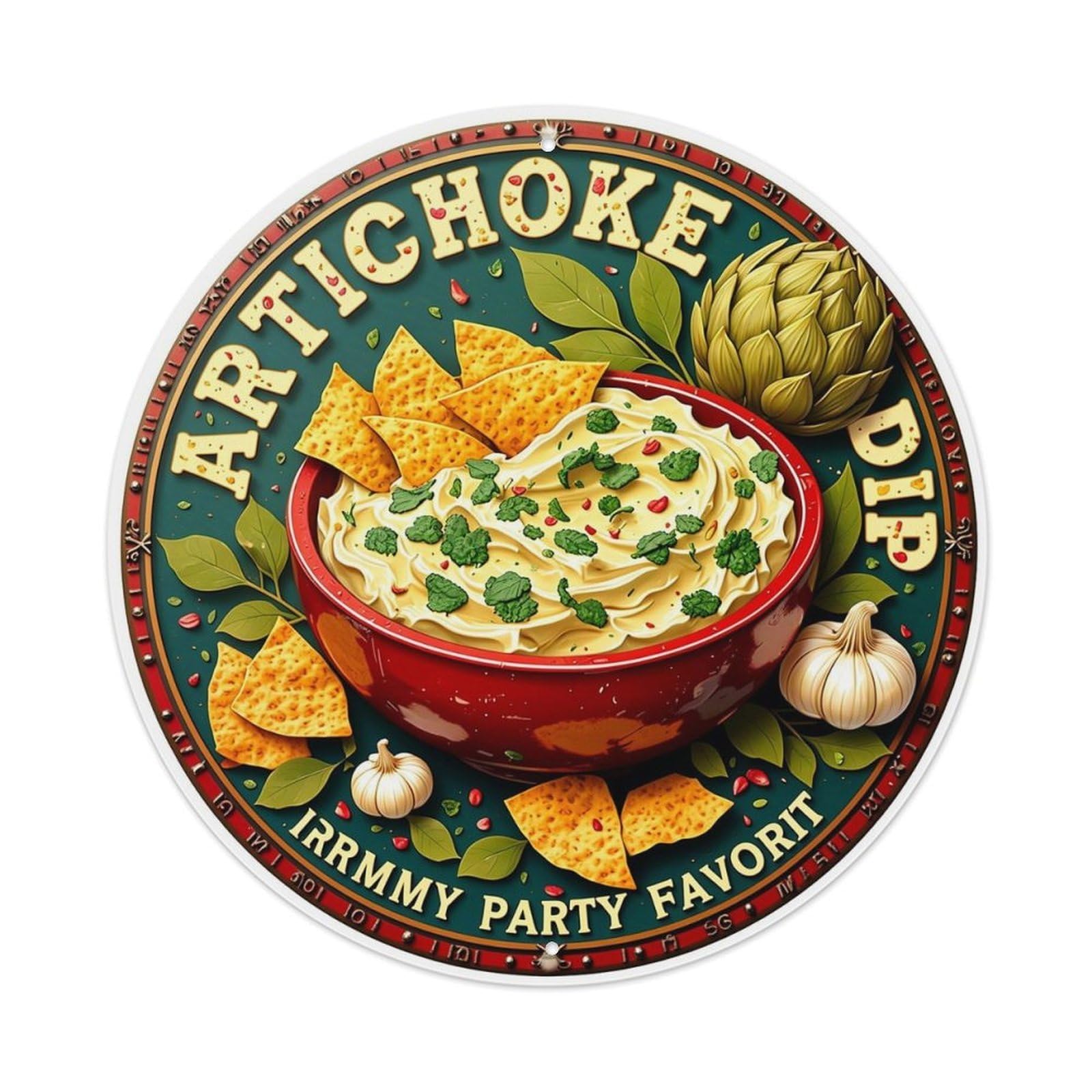 Artichoke Dip Party Favorite Bowl Retro Metal Sign Round Tin Sign, Vintage Decor Art Poster for Bar, Home, Man Cave, Kitchen, Laundry Room Gift 8x8Inch