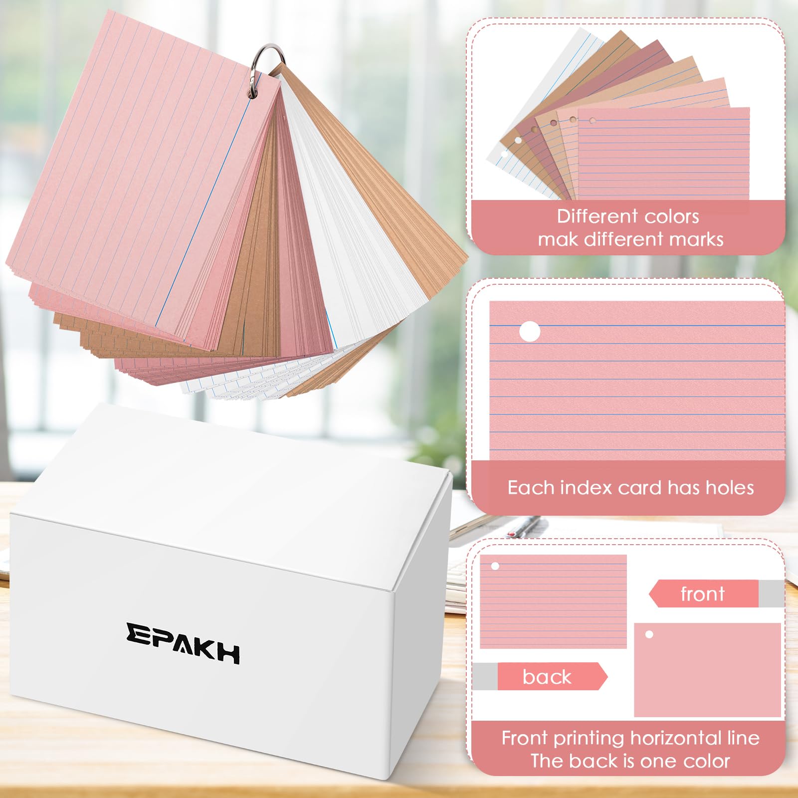 Epakh Lot de 300 cartes d'index avec anneaux perforés sur un anneau pour étudier les cartes lignées pour adultes et enfants, maison, salle de classe, bureau (série jaune, 10,2 x 15,2 cm)