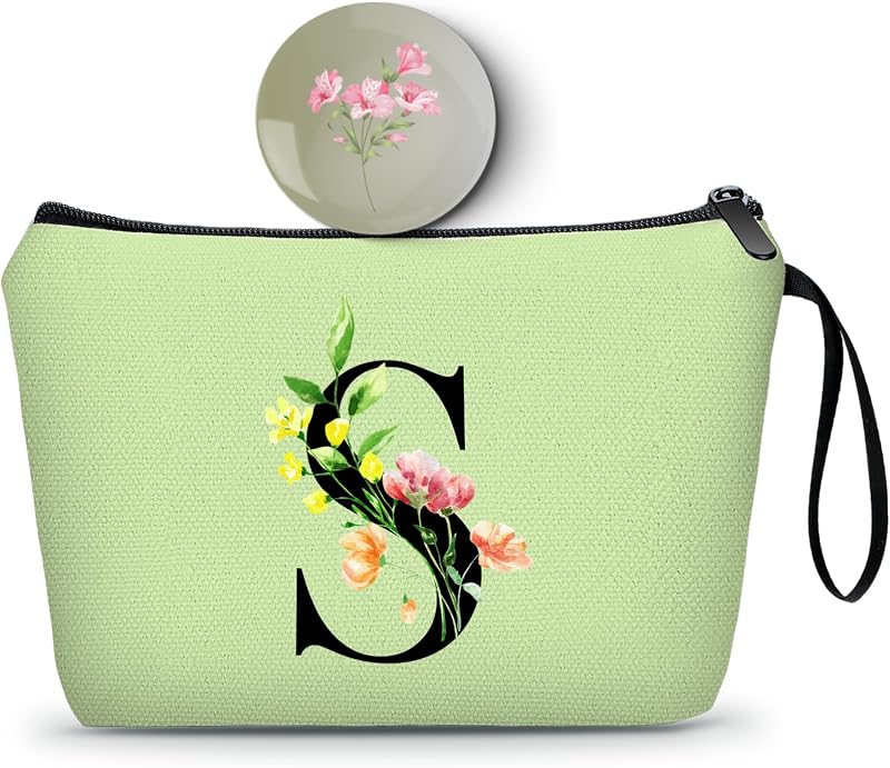 Necessaire de maquiagem SEAMOON verde com inicial S, espelho e zíper