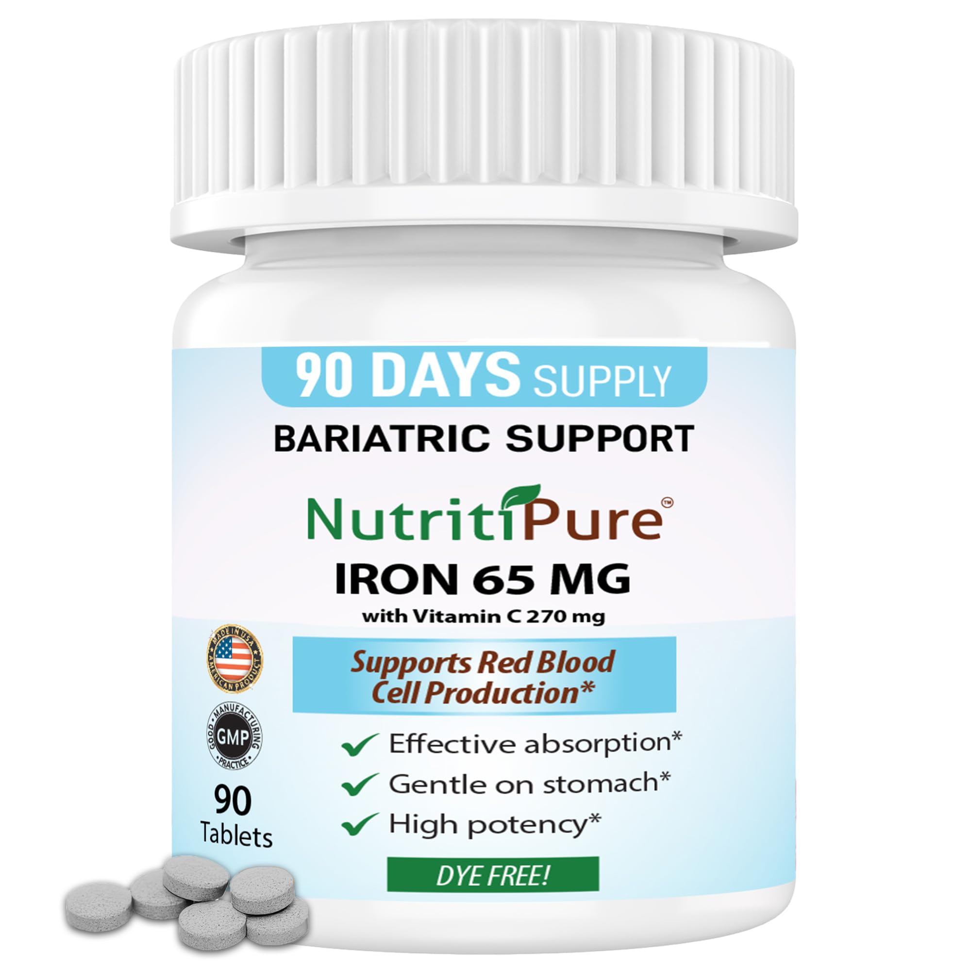 Carbonyl Iron Tablet 65 mg with 270 mg Vitamin C |90 Days Supply | for Women/Men | High Potency Bariatric Vitamins for WLS Patients Including Gastric Bypass | Dye Free (Pack of 1)