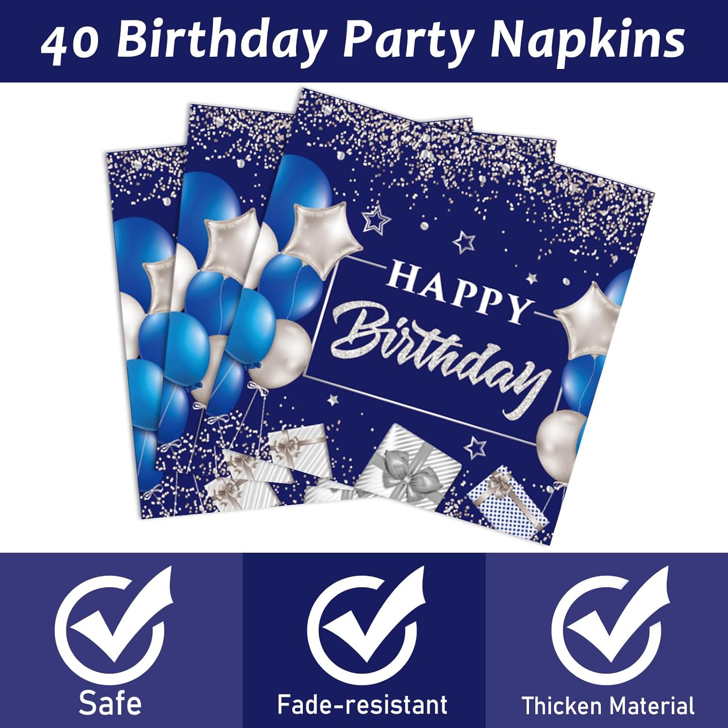 96 Pcs 40th Birthday Party Supplies Navy Blue and Silver 40 Years Paper Tableware Happy Birthday Party Plates and Napkins Forks Blue Table Decorations for 24 Guests - Image 4