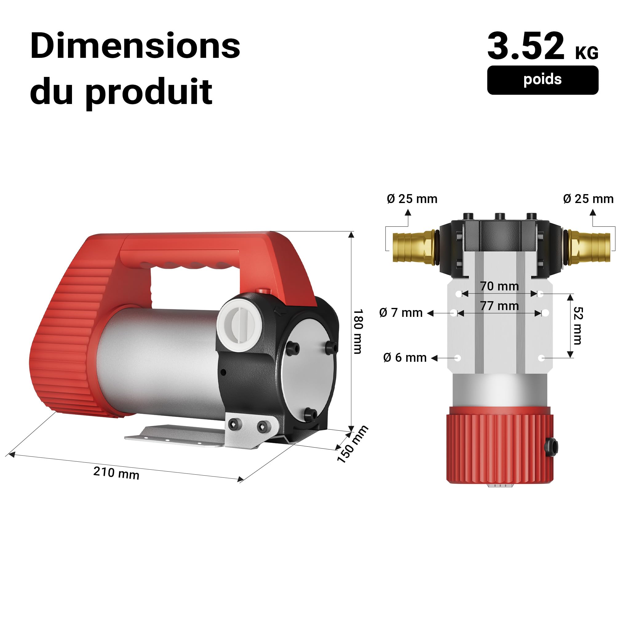 Wiltec Pompe d'aspiration à Fuel Diesel auto-amorçante – 12 V / 160 W / 40 l/min – avec Bornes de batterie – Pour gazole et huile de diesel, vidange transvasement