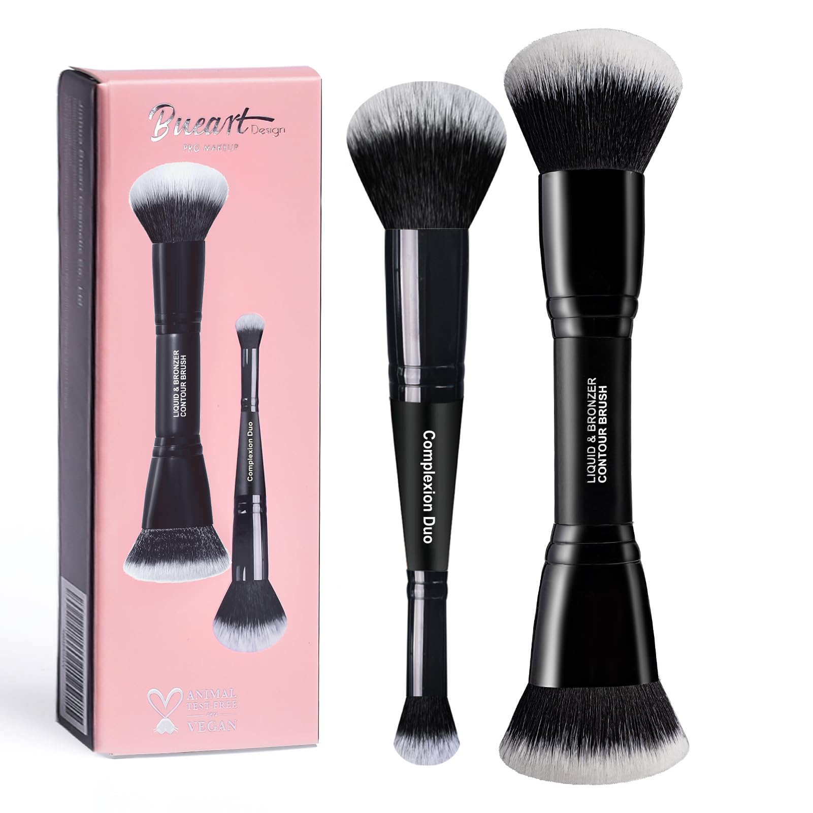 Bueart Design Ensemble de pinceaux de maquillage Duo et liquide et bronzant avec poils denses ultra doux à double extrémité pour fond de teint, crème liquide, anti-cernes, végétalien et sans cruauté